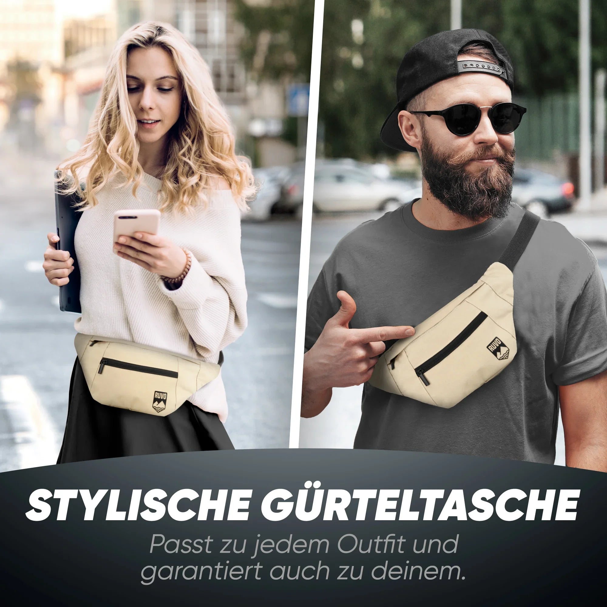 Zwei Personen tragen eine beige Gürteltasche mit Reißverschluss, ideal für Alltag und Reisen.