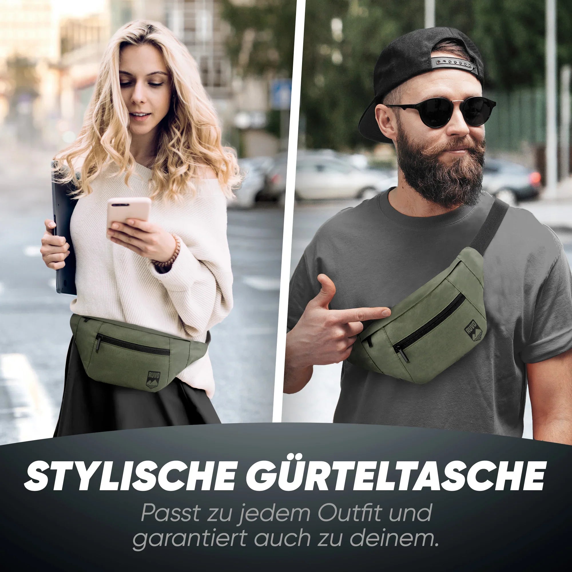 Zwei Personen tragen stylische, grüne Gürteltasche im Alltag; ideal für Damen und Herren.