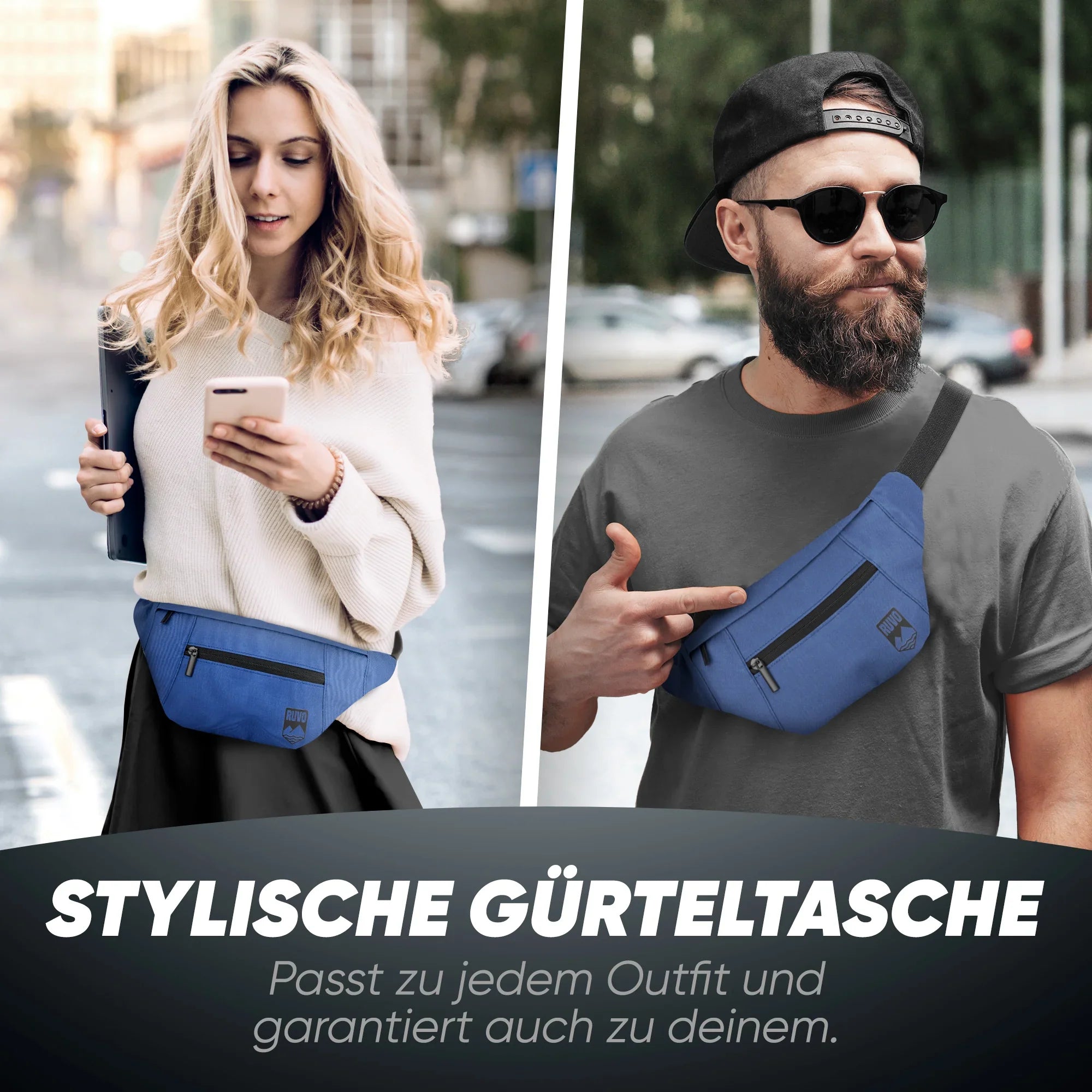 Zwei Personen tragen eine blaue Gürteltasche, ideal für Alltag, Reisen und Outdoor-Aktivitäten.