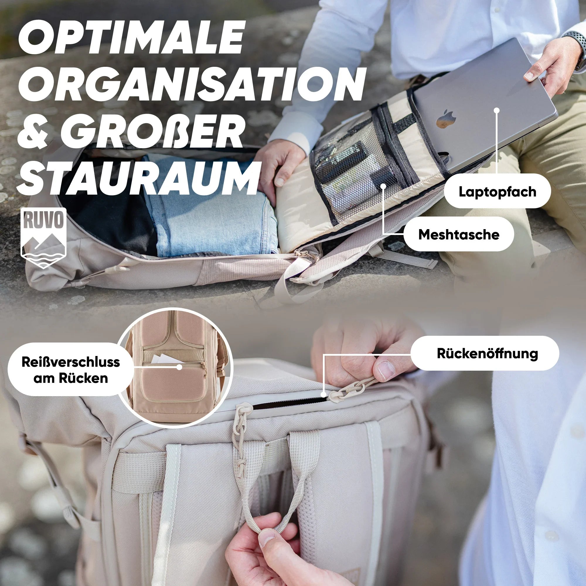 Beiger Rucksack mit Laptopfach, Mesh-Tasche und Rückenöffnung, Outdoor und Alltag geeignet.