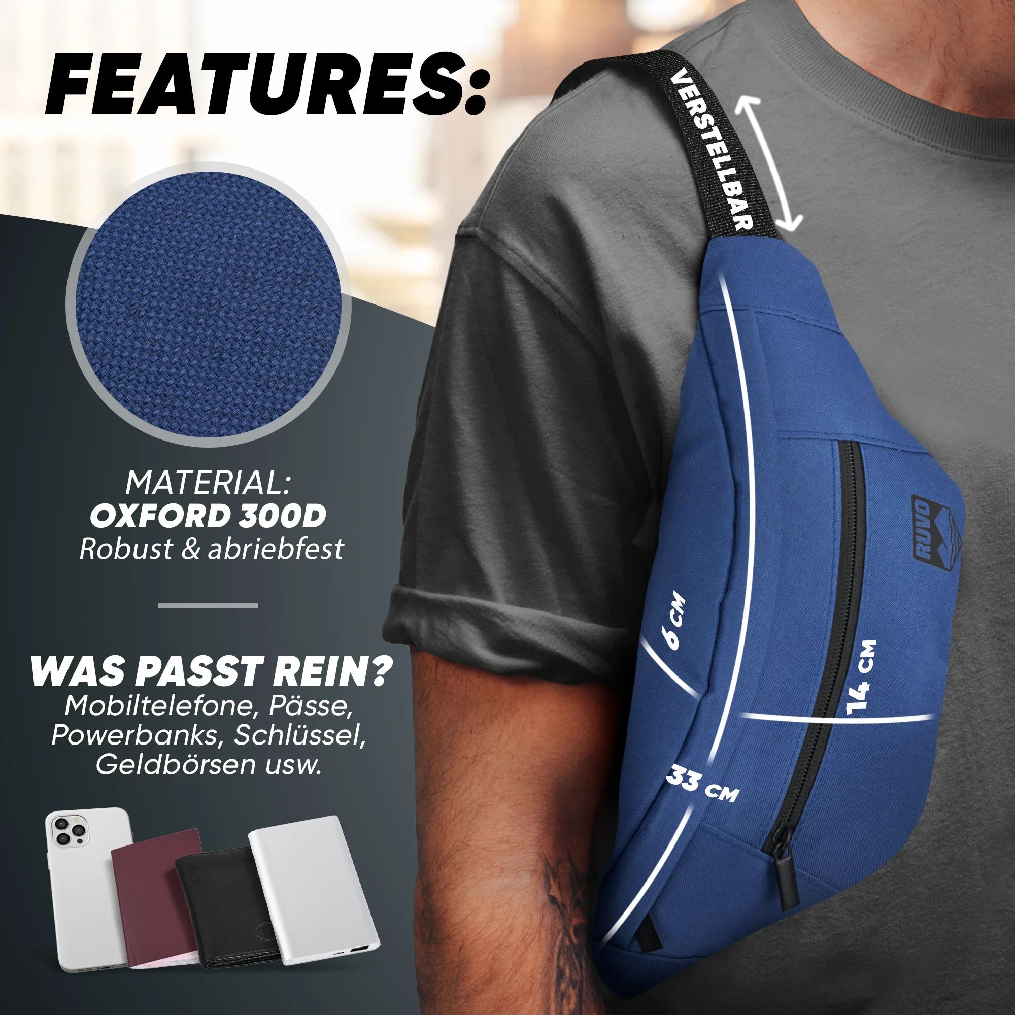 Blaue Sling Bag aus Oxford 300D, robust, verstellbar, getragen über der Schulter