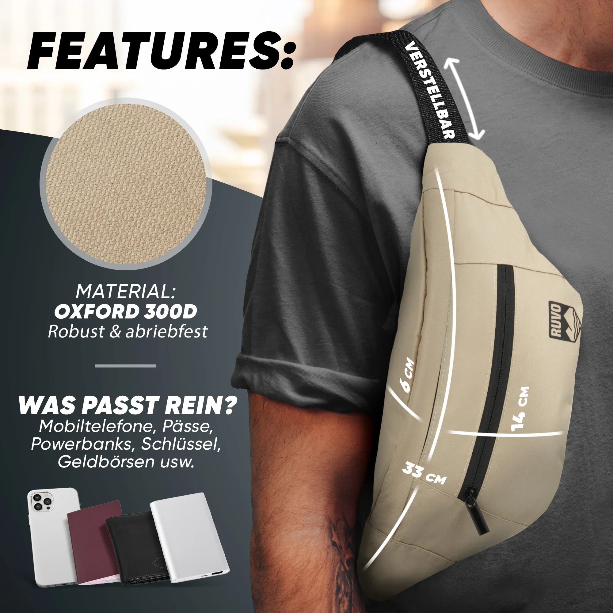 Beiger Crossbody-Rucksack aus robustem Oxford 300D, verstellbarer Gurt, Maße hervorgehoben.