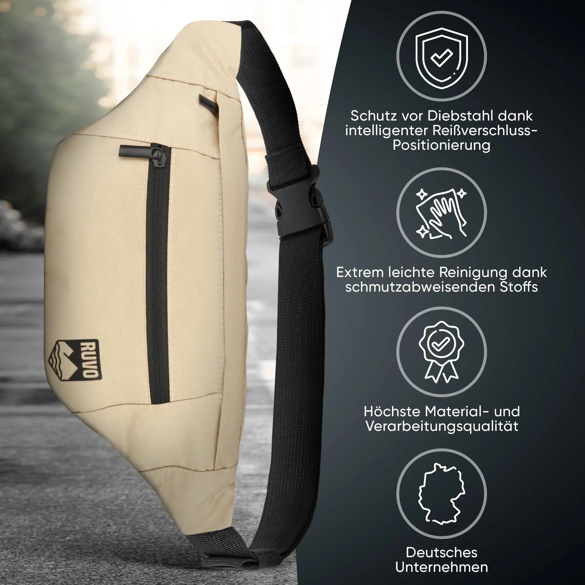 Beige Bauchtasche mit schwarzem Reißverschluss, robust, wasserfest und leicht zu reinigen.