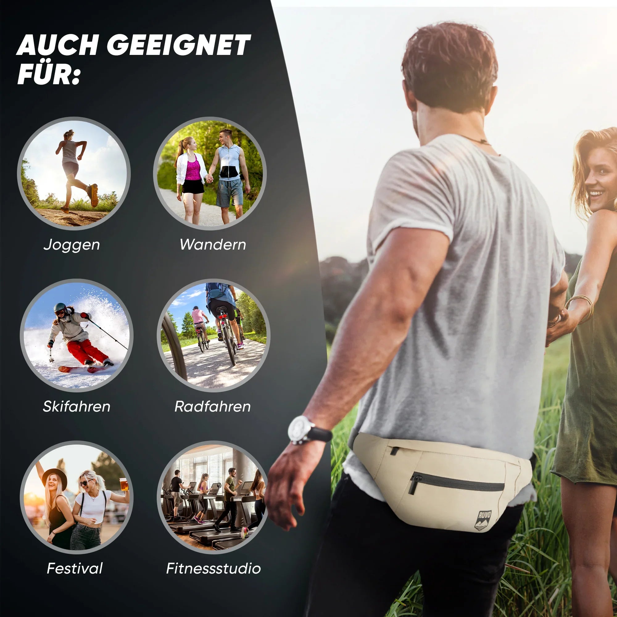 Mann mit beiger Gürteltasche in Natur, geeignet für Joggen, Wandern, Skifahren, Radfahren, Festival, Fitnessstudio.