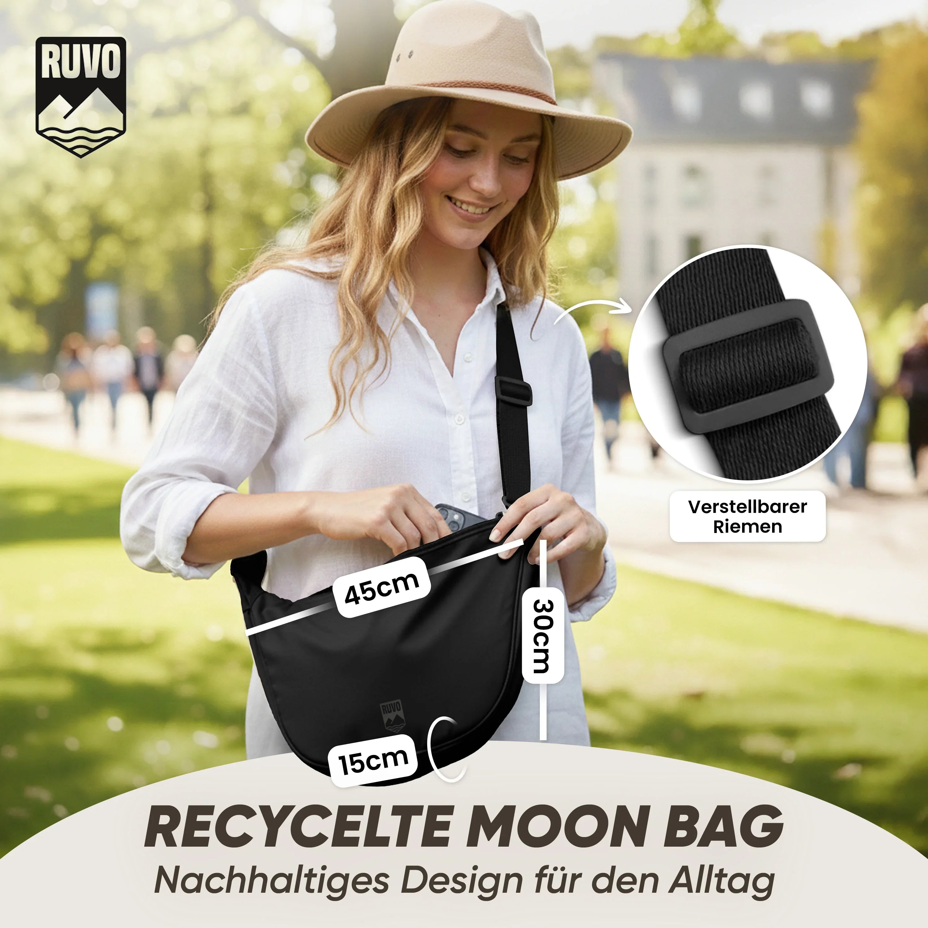 Frau mit recycelter Moon Bag Umhängetasche, verstellbarer Riemen, Maße 45x30x15cm, Alltag, nachhaltig