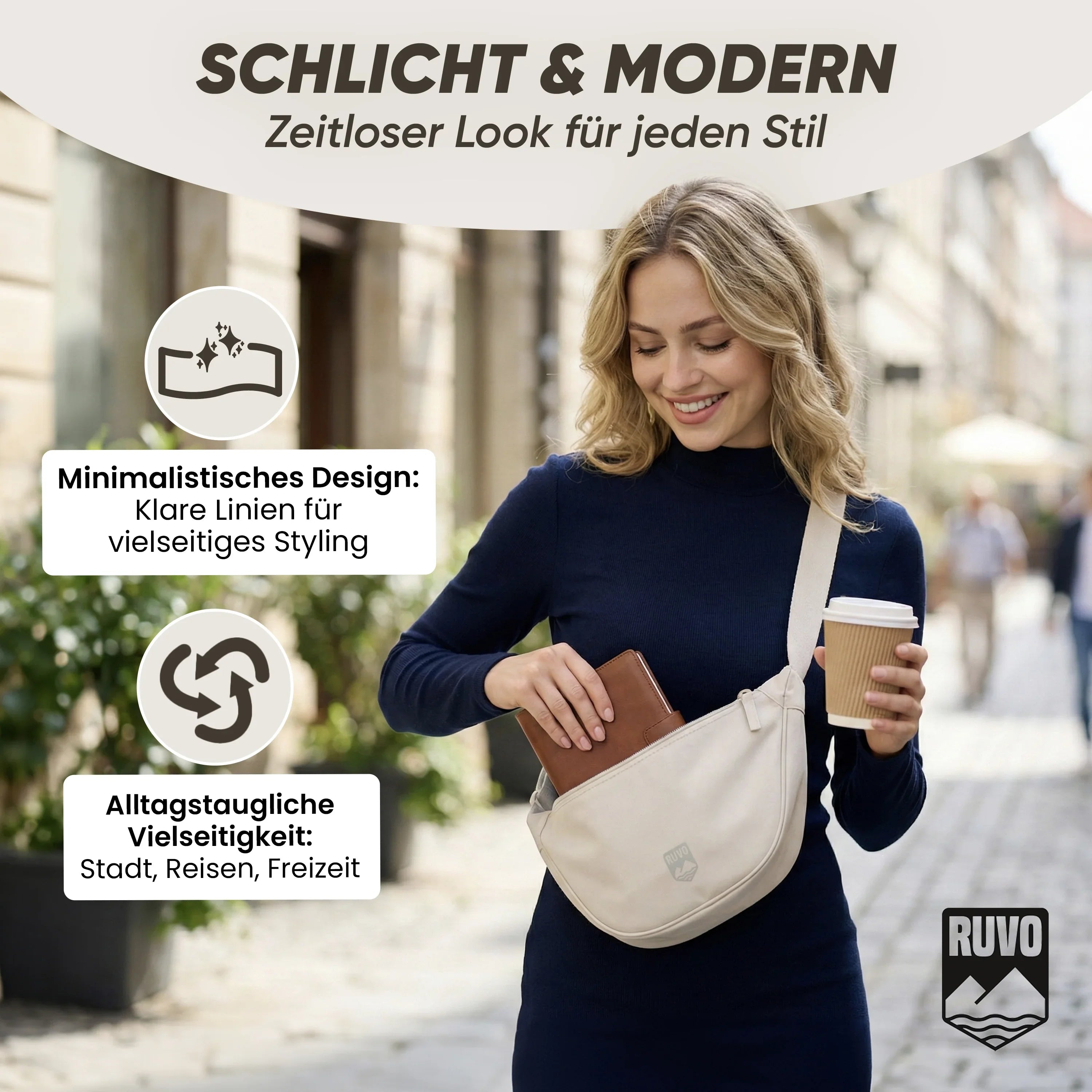 Frau mit beiger Umhängetasche, Kaffee und Portemonnaie, draußen in urbaner Umgebung, minimalistischer Look.
