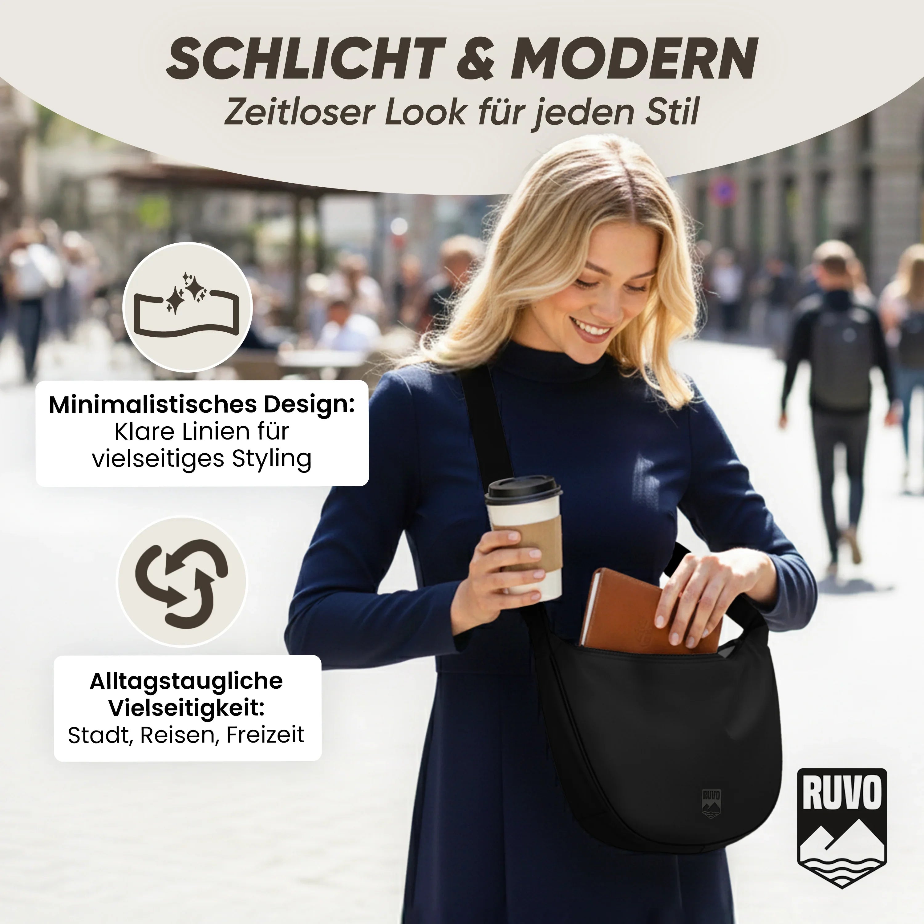 Frau mit schwarzer Umhängetasche und Kaffee, minimalistisches Design, alltagstauglich für Stadt und Reisen