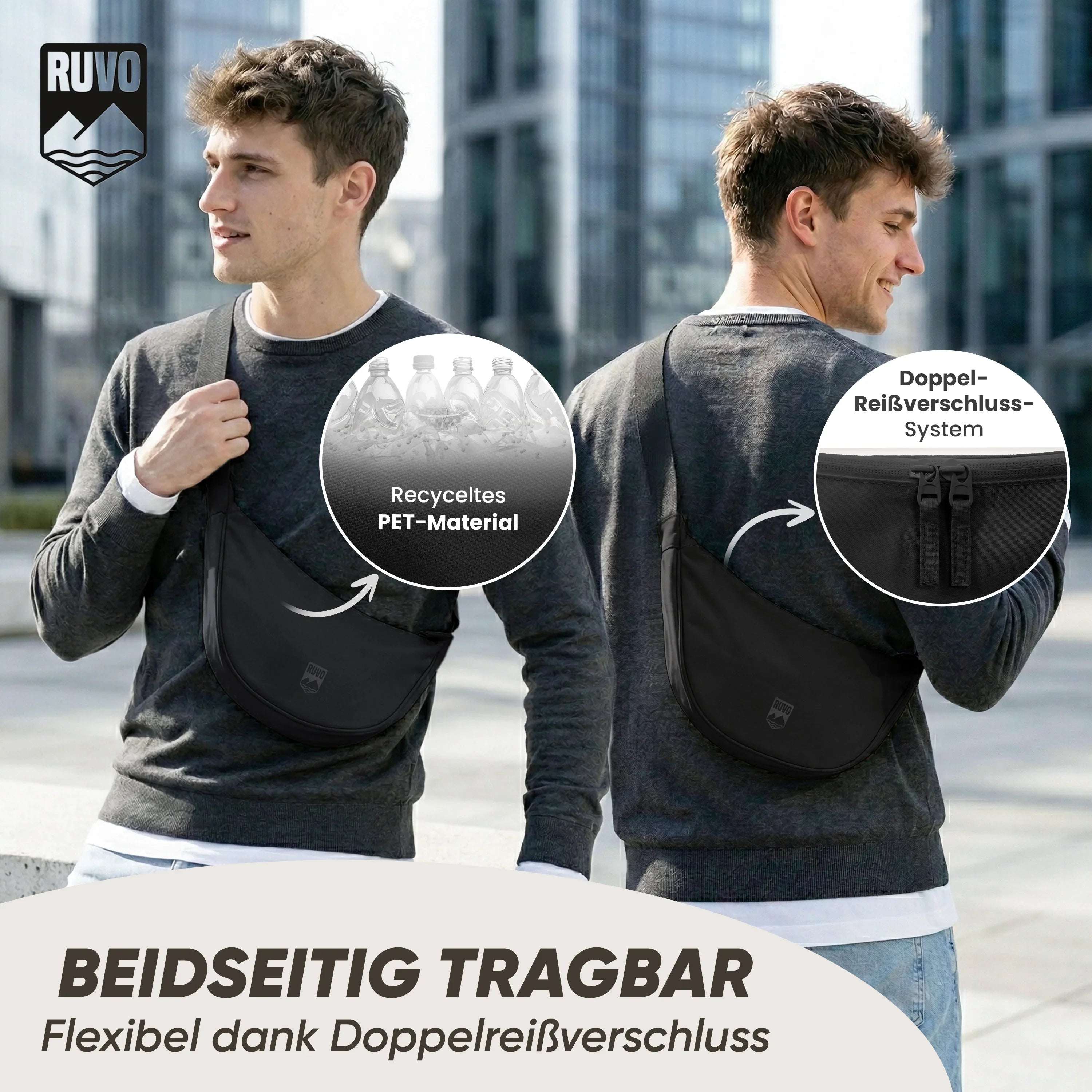 Schwarze Umhängetasche aus recyceltem PET, beidseitig tragbar, mit Doppel-Reißverschluss, draußen getragen