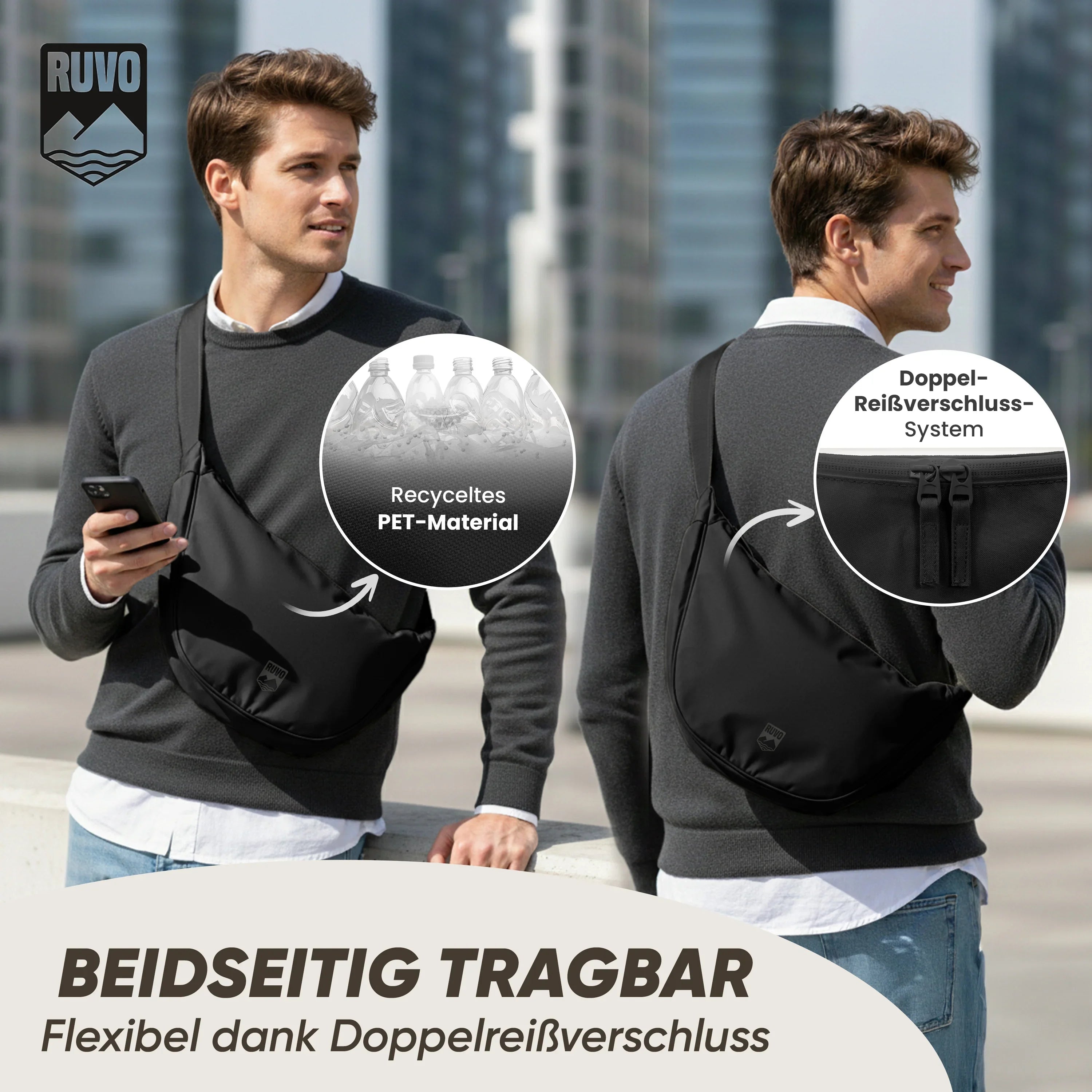Mann trägt schwarzen Sling Bag aus recyceltem PET, beidseitig tragbar mit Doppelreißverschluss, urbanes Setting.
