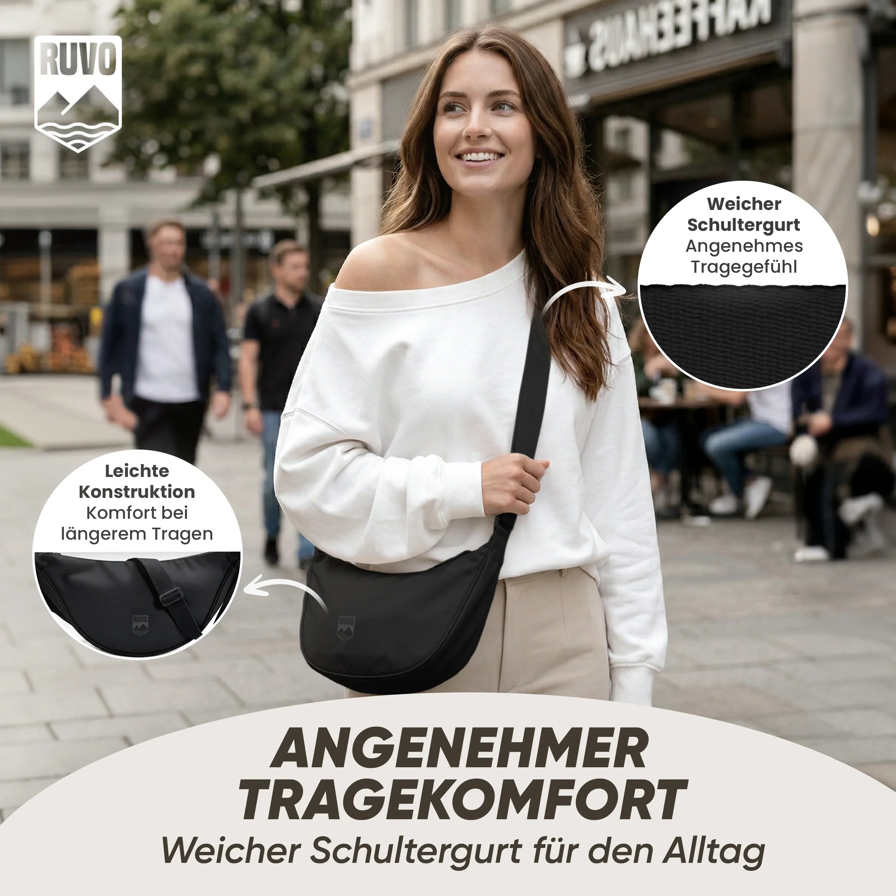 Junge Frau mit schwarzer Umhängetasche und weichem Schultergurt, leichtem Design, unterwegs in der Stadt