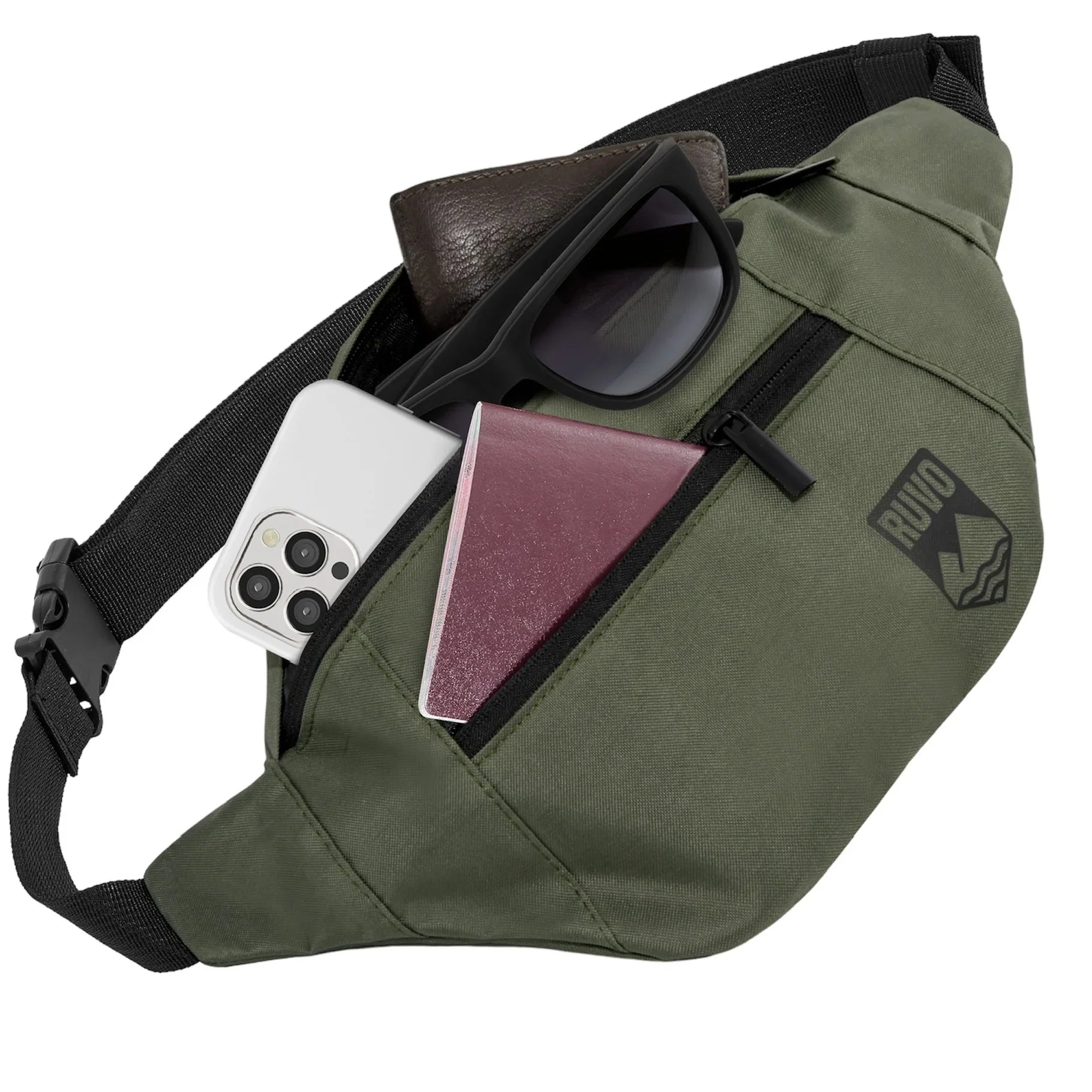 Grüne Gürteltasche mit Reißverschluss, Smartphone, Sonnenbrille und Reisepass sichtbar