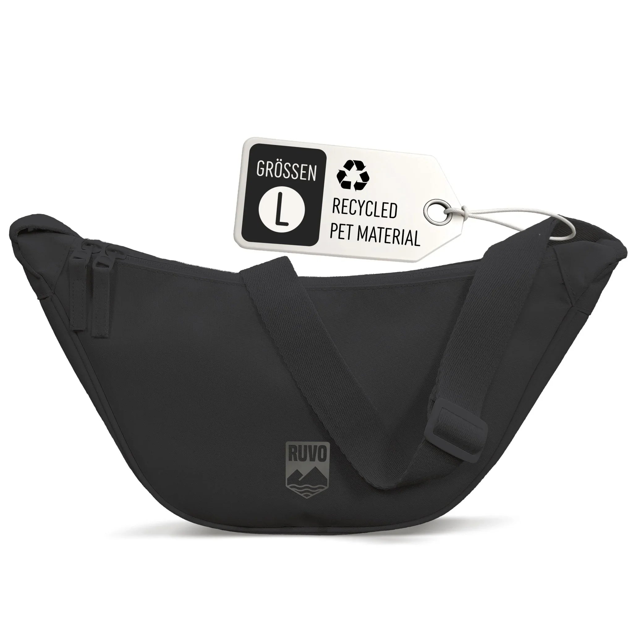 Schwarze Moon Bag Umhängetasche aus recyceltem PET, Größe L, mit verstellbarem Gurt.