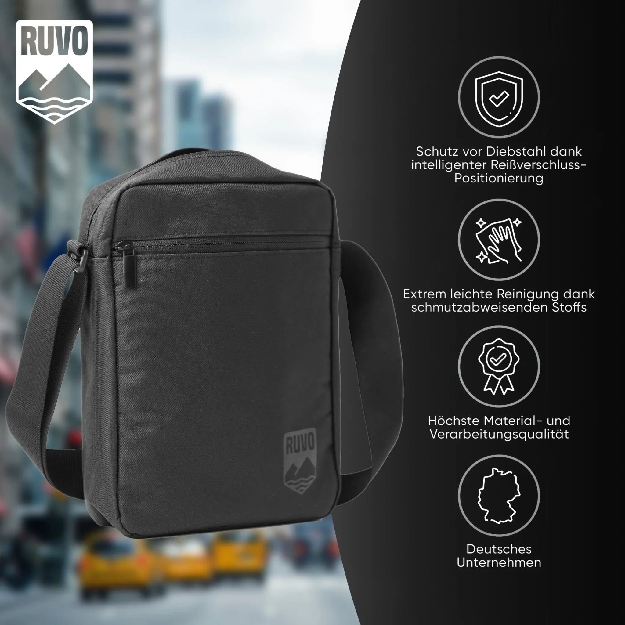 Schwarze Schultertasche mit Fronttasche, verstellbarem Gurt und modernem, urbanem Hintergrund.