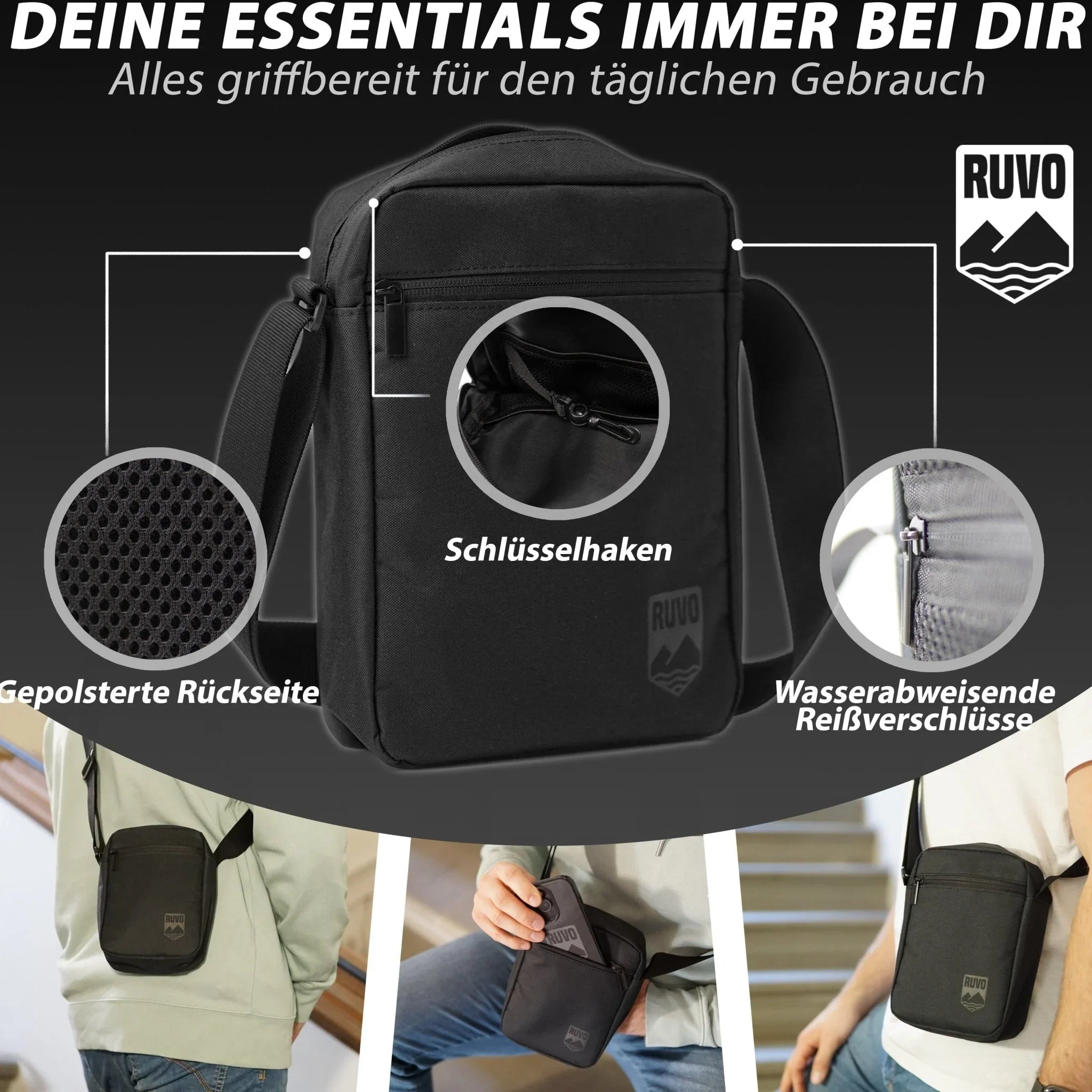 Schwarze Schultertasche mit gepolsterter Rückseite, Schlüsselhaken und wasserabweisenden Reißverschlüssen, ideal für Alltag und Reisen.