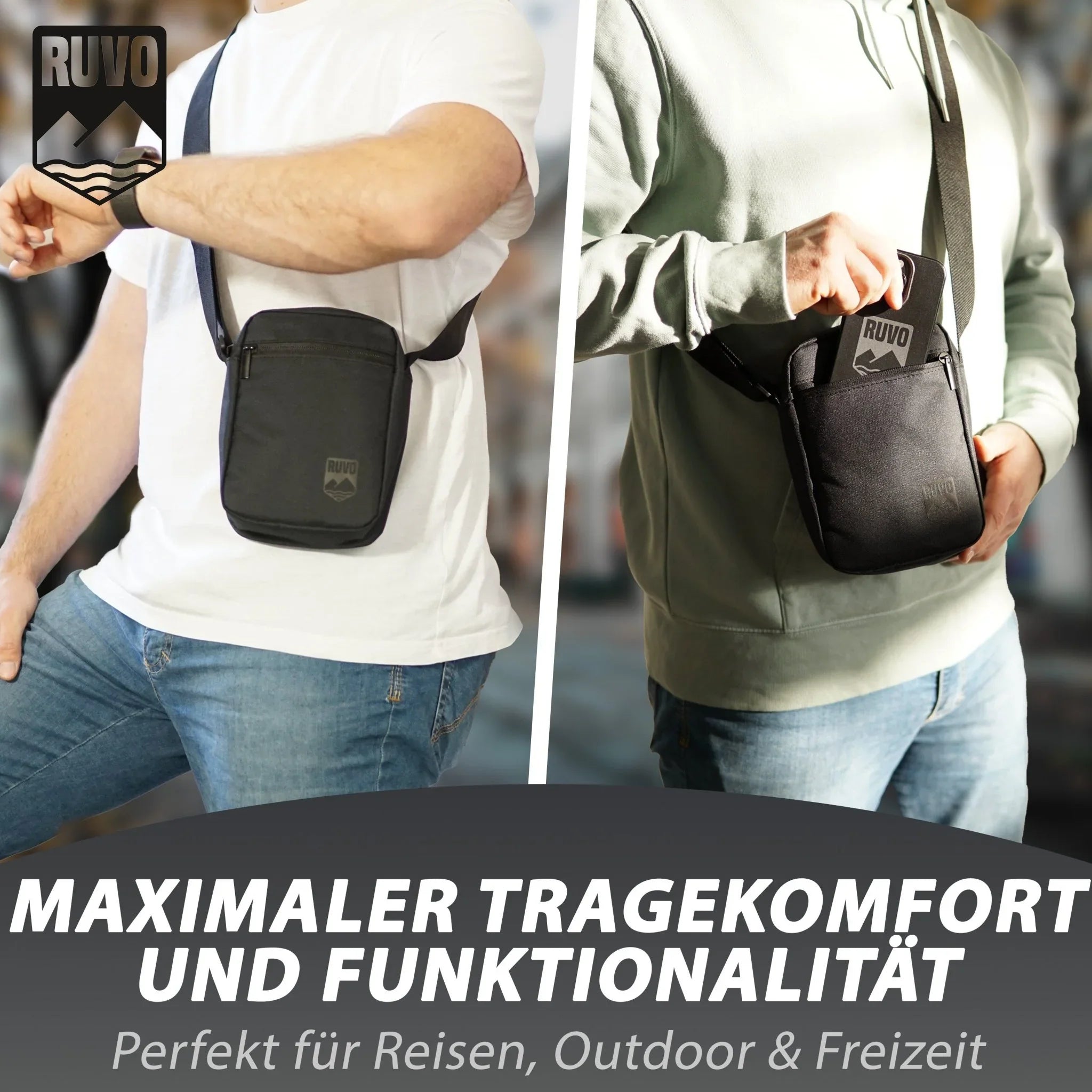 Schwarze Schultertasche mit Reißverschluss, quer getragen, ideal für Reisen und Outdoor