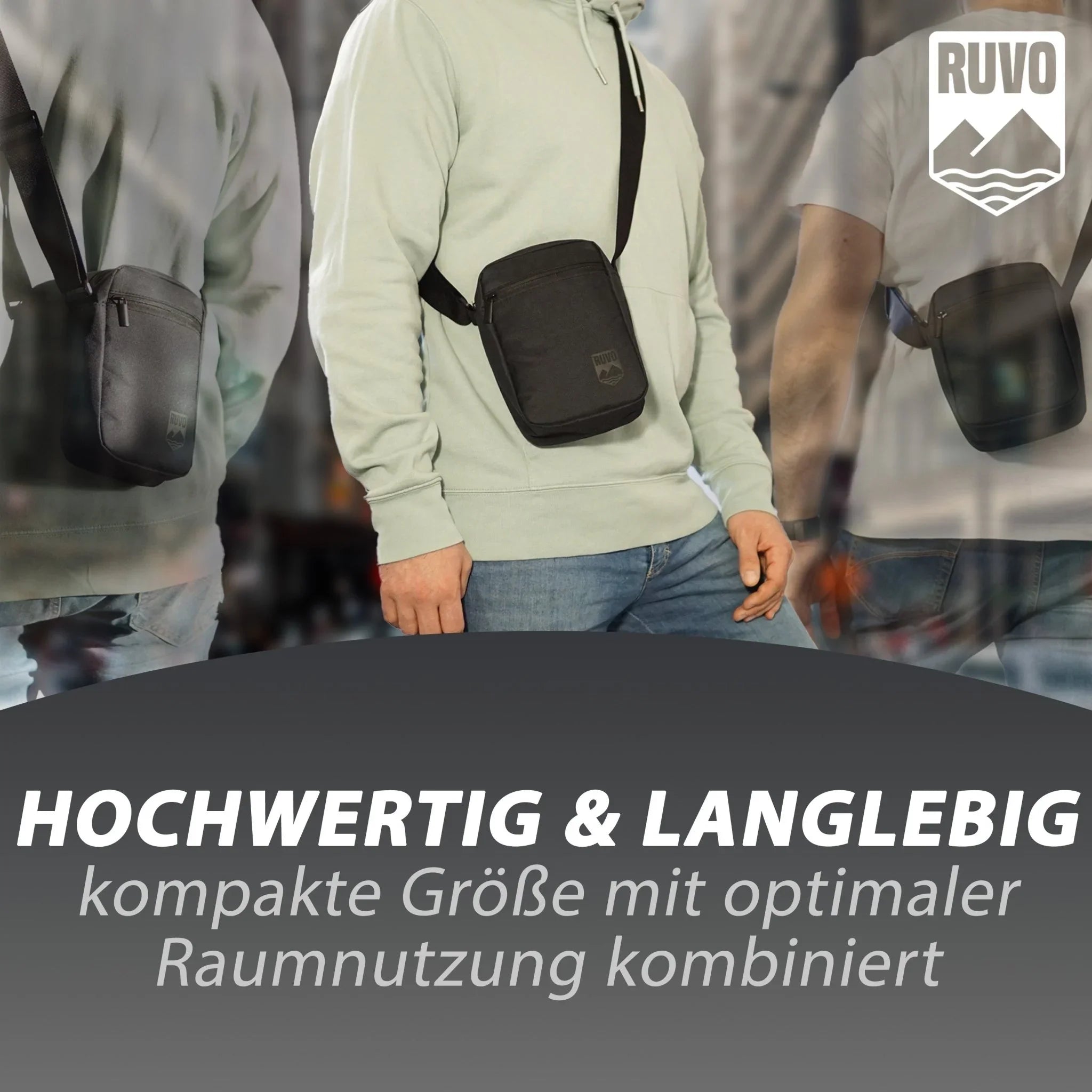Schwarze Umhängetasche, kompakt, strapazierfähig, getragen von Person in Freizeitkleidung