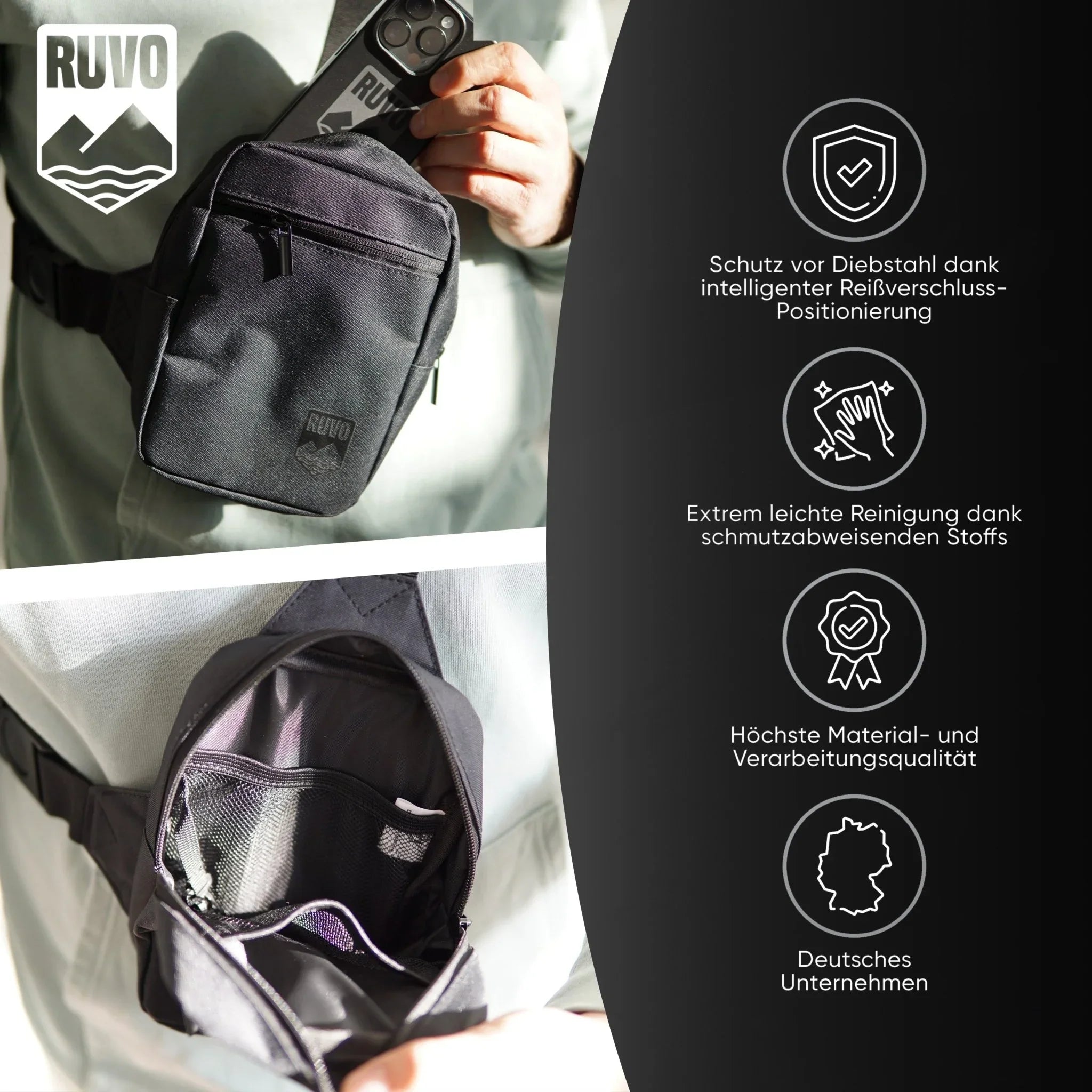 Schwarze Sling Bag, wasserfest, kompakt, mit Reißverschluss und praktischem Innenfach.