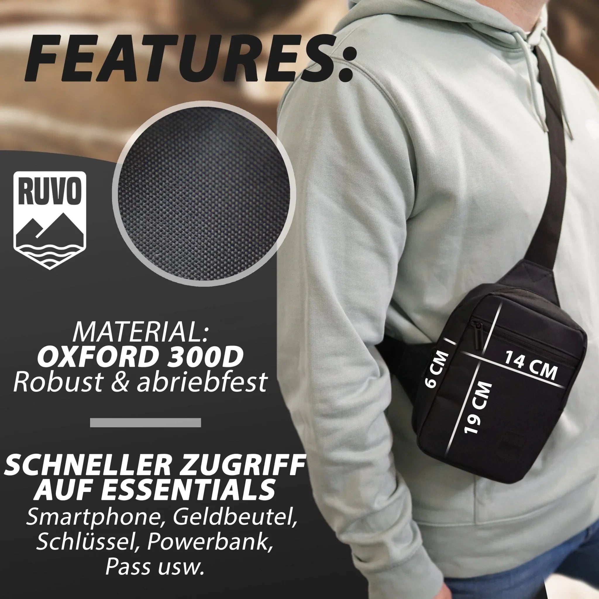 Schwarze Sling Bag aus Oxford 300D, kompakt, wasserdicht, getragen von Person im Hoodie.
