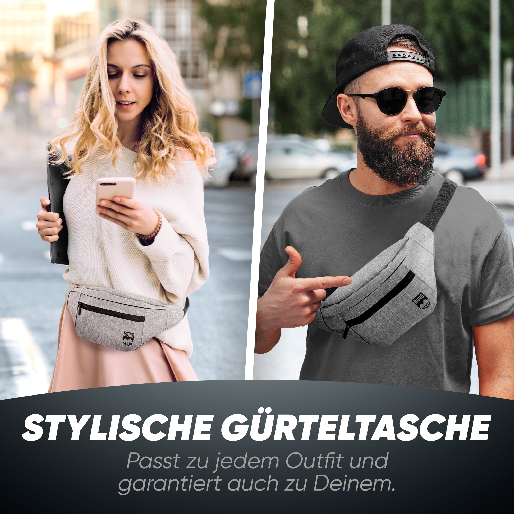 Zwei Personen tragen stylische, graue Gürteltasche, geeignet für Alltag und Outdoor.