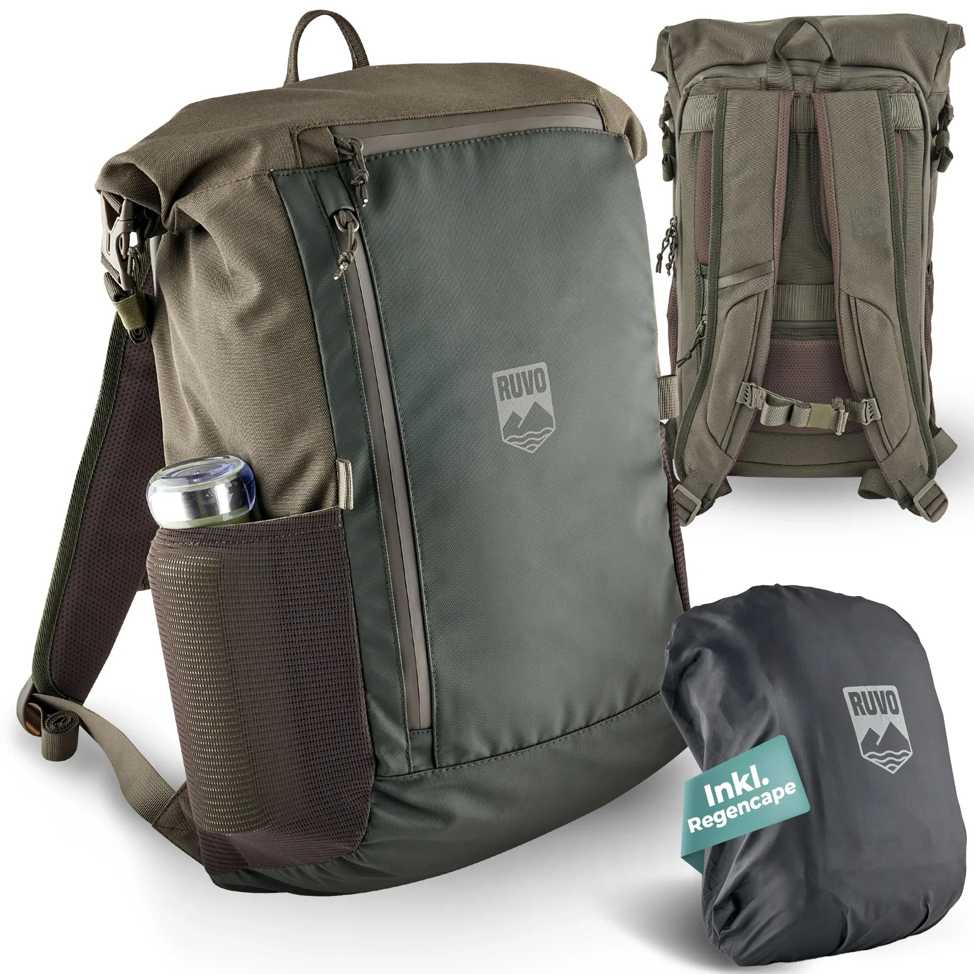 Wasserfester Rucksack mit Laptopfach, Flaschenhalter, ergonomischen Trägern und Regencape
