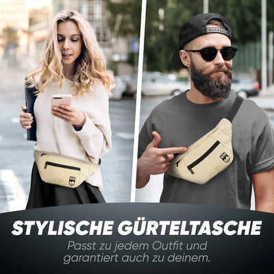 Zwei Personen tragen eine beige Gürteltasche mit Reißverschluss, ideal für Alltag und Reisen.