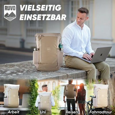 Beiger, wasserfester Rucksack mit Laptopfach, vielseitig für Arbeit, Uni, Reisen und Fahrrad geeignet.