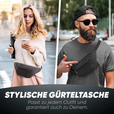 Zwei Personen tragen eine schwarze Gürteltasche, ideal für Alltag und Reisen, modisch kombiniert.