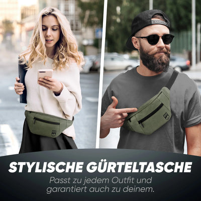 Zwei Personen tragen stylische, grüne Gürteltasche im Alltag; ideal für Damen und Herren.