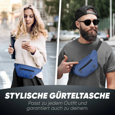 Zwei Personen tragen eine blaue Gürteltasche, ideal für Alltag, Reisen und Outdoor-Aktivitäten.