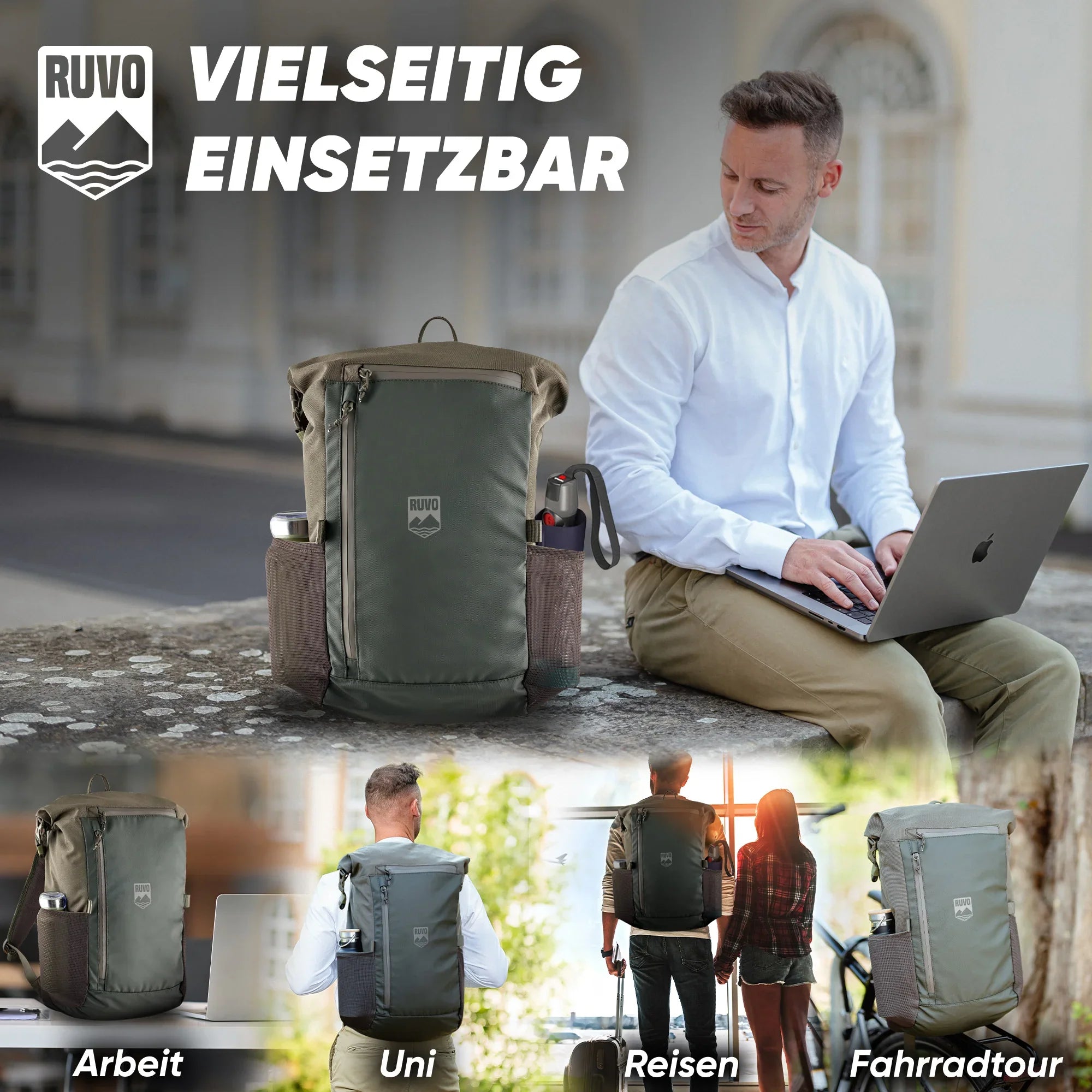 Grüner, wasserfester Rucksack mit Laptopfach im Einsatz bei Arbeit, Uni, Reisen und Fahrradtour.