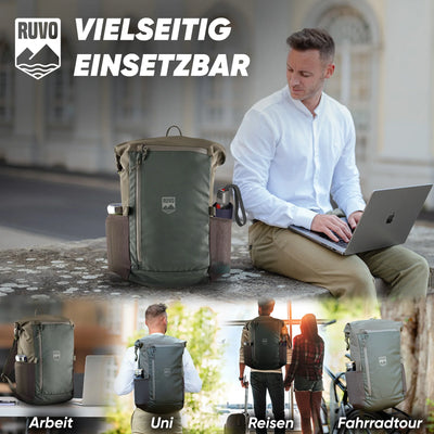 Grüner, wasserfester Rucksack mit Laptopfach im Einsatz bei Arbeit, Uni, Reisen und Fahrradtour.