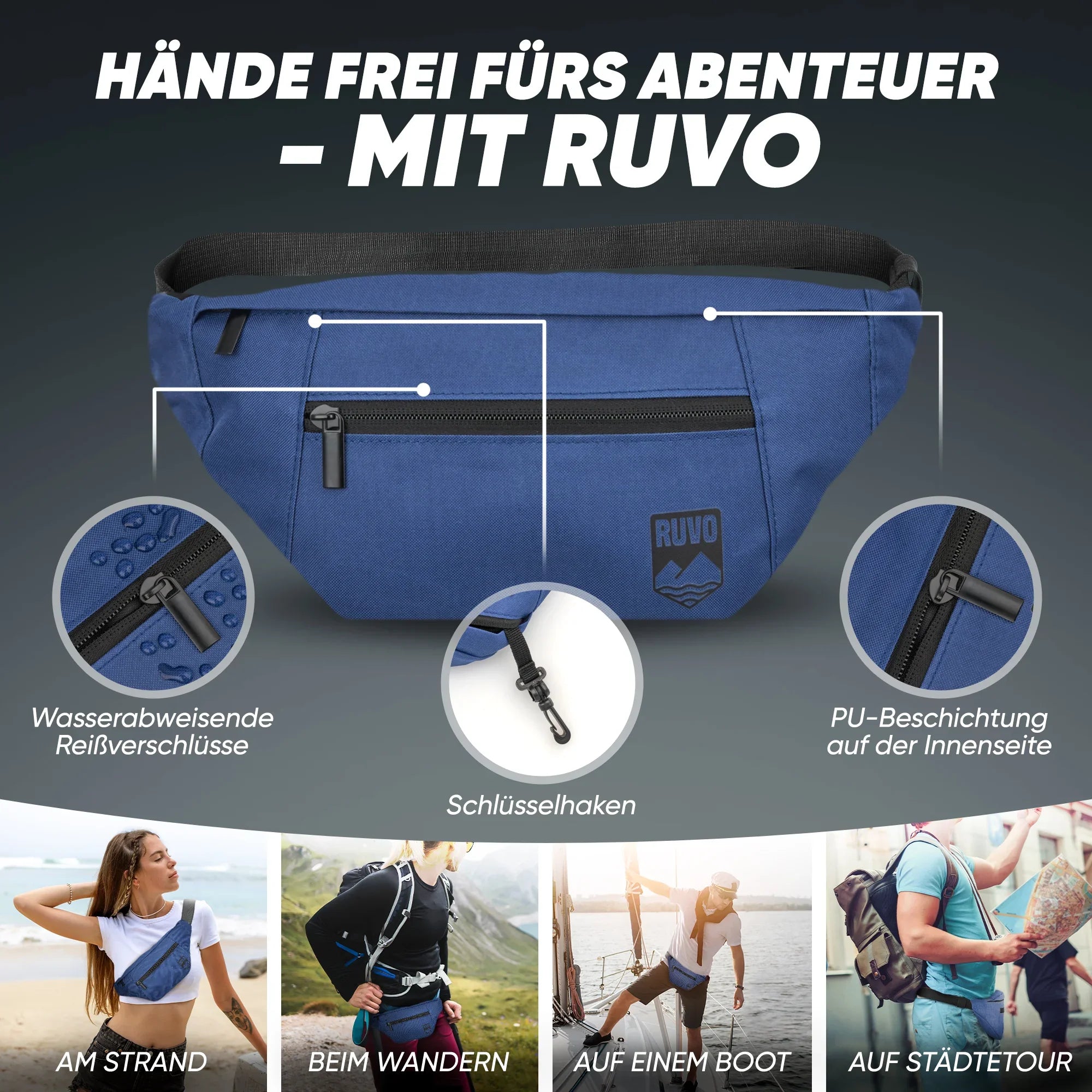 Blaue, wasserabweisende Gürteltasche mit Reißverschlüssen, Schlüsselhaken und PU-Beschichtung, ideal für Strand, Wandern, Boot und Städtetour.