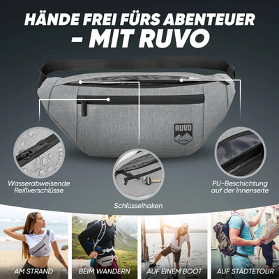 Graue Bauchtasche mit wasserabweisenden Reißverschlüssen, Schlüsselhaken und PU-Innenbeschichtung, ideal für Strand, Wandern, Bootsausflug und Städtetour.