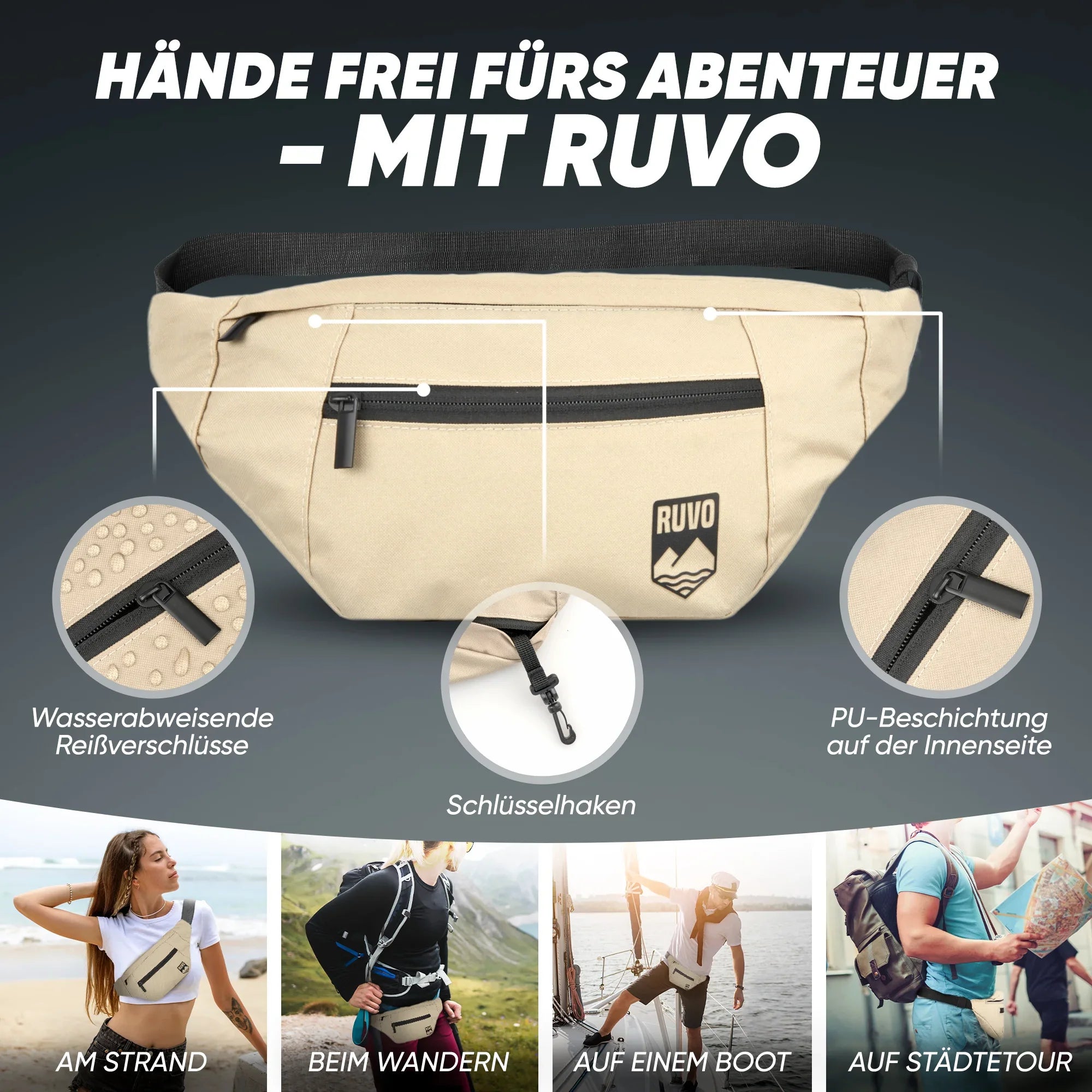 Beige Gürteltasche mit wasserabweisenden Reißverschlüssen, Schlüsselhaken und PU-Beschichtung, ideal für Strand, Wandern, Bootsausflug und Städtetour.