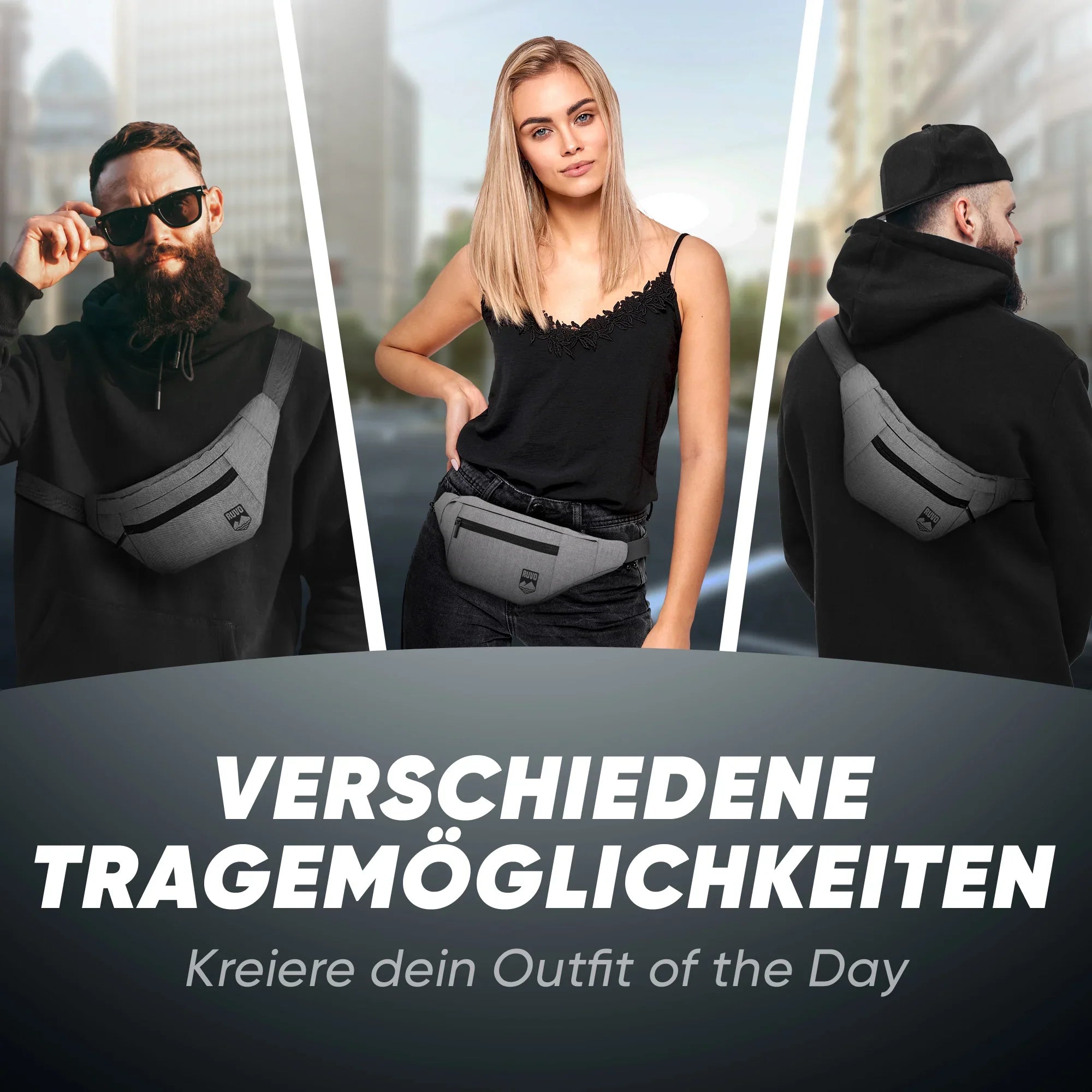 Drei Personen zeigen verschiedene Tragemöglichkeiten einer grauen Umhängetasche, urbanes Setting.