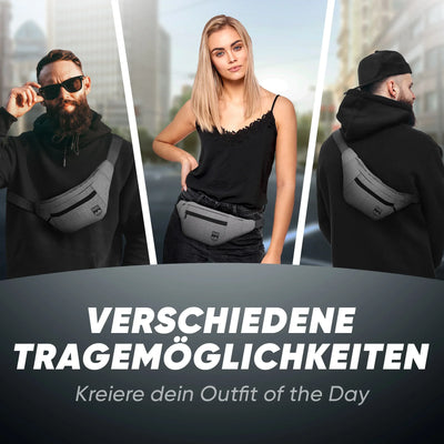 Drei Personen zeigen verschiedene Tragemöglichkeiten einer grauen Umhängetasche, urbanes Setting.