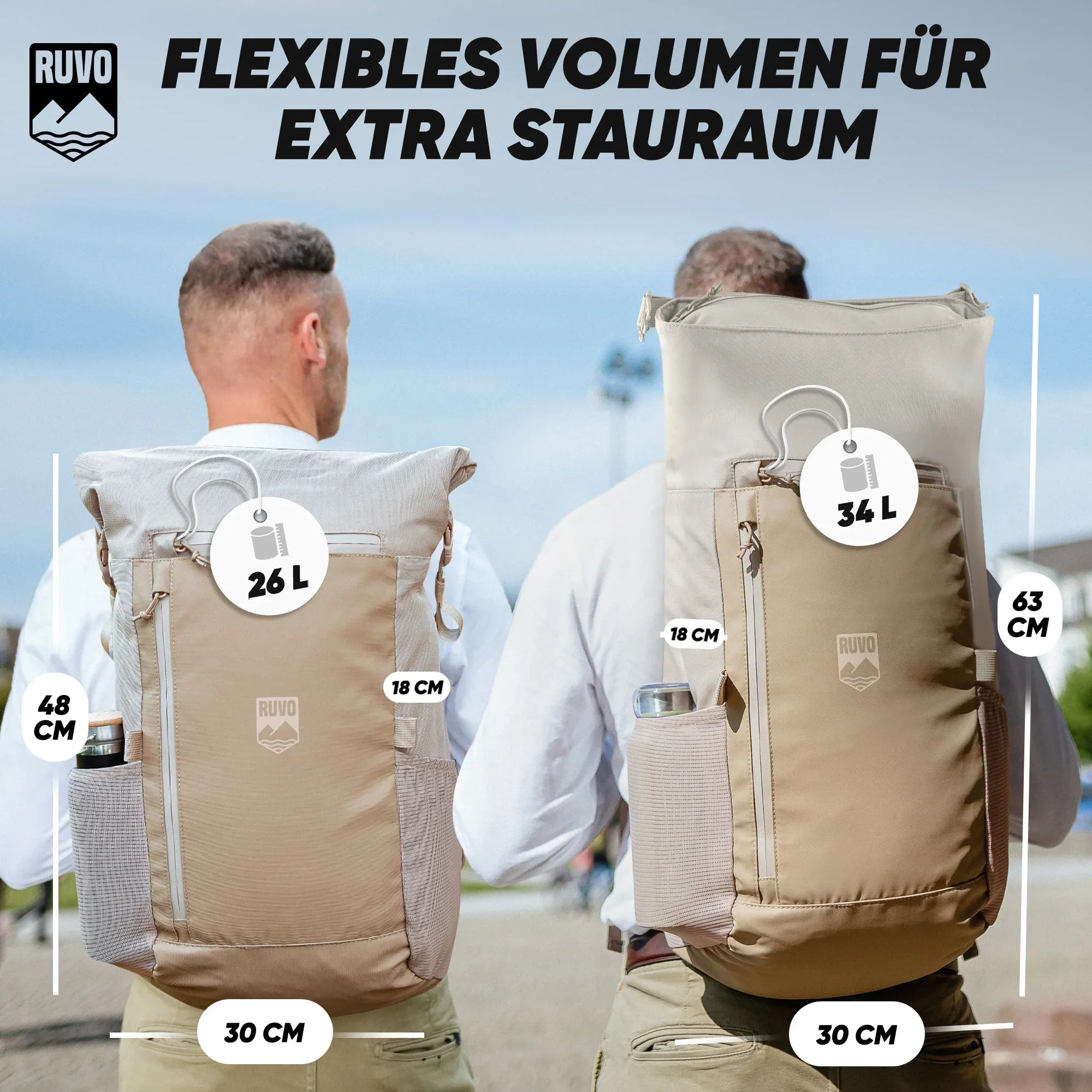 Zwei Männer tragen wasserfeste Rucksäcke in Beige, Größe vergleichbar: 26L und 34L, outdoor.