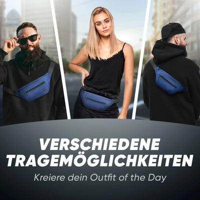Drei Modelle mit blauer Gürteltasche zeigen verschiedene Tragemöglichkeiten in der Stadt.