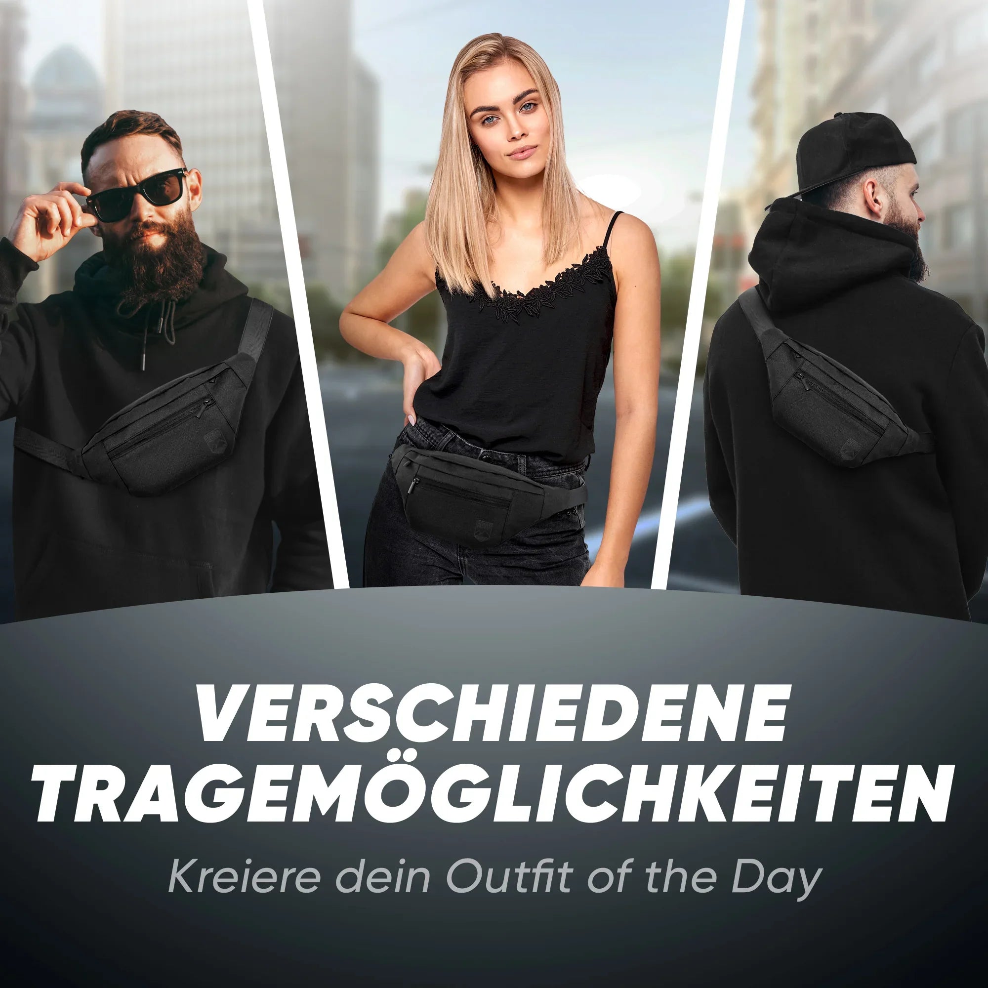 Unisex Bauchtasche in Schwarz, verschiedene Tragevarianten, ideal für Alltag, Reisen, Outdoor