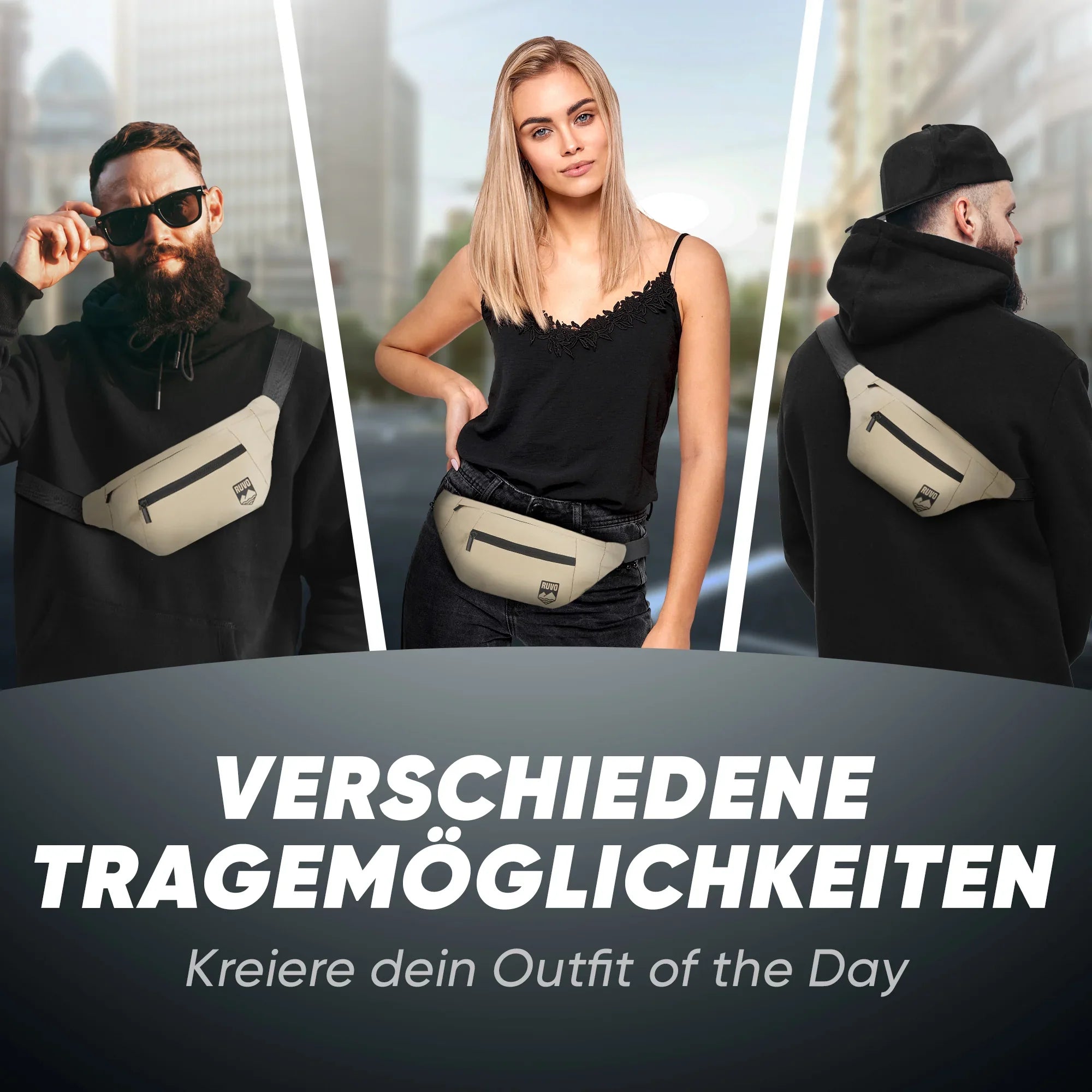 Drei Personen präsentieren beige Gürteltasche, getragen als Bauchtasche und Crossbody, urbaner Hintergrund