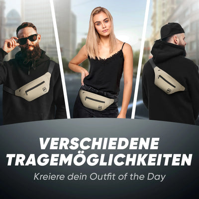 Drei Personen präsentieren beige Gürteltasche, getragen als Bauchtasche und Crossbody, urbaner Hintergrund