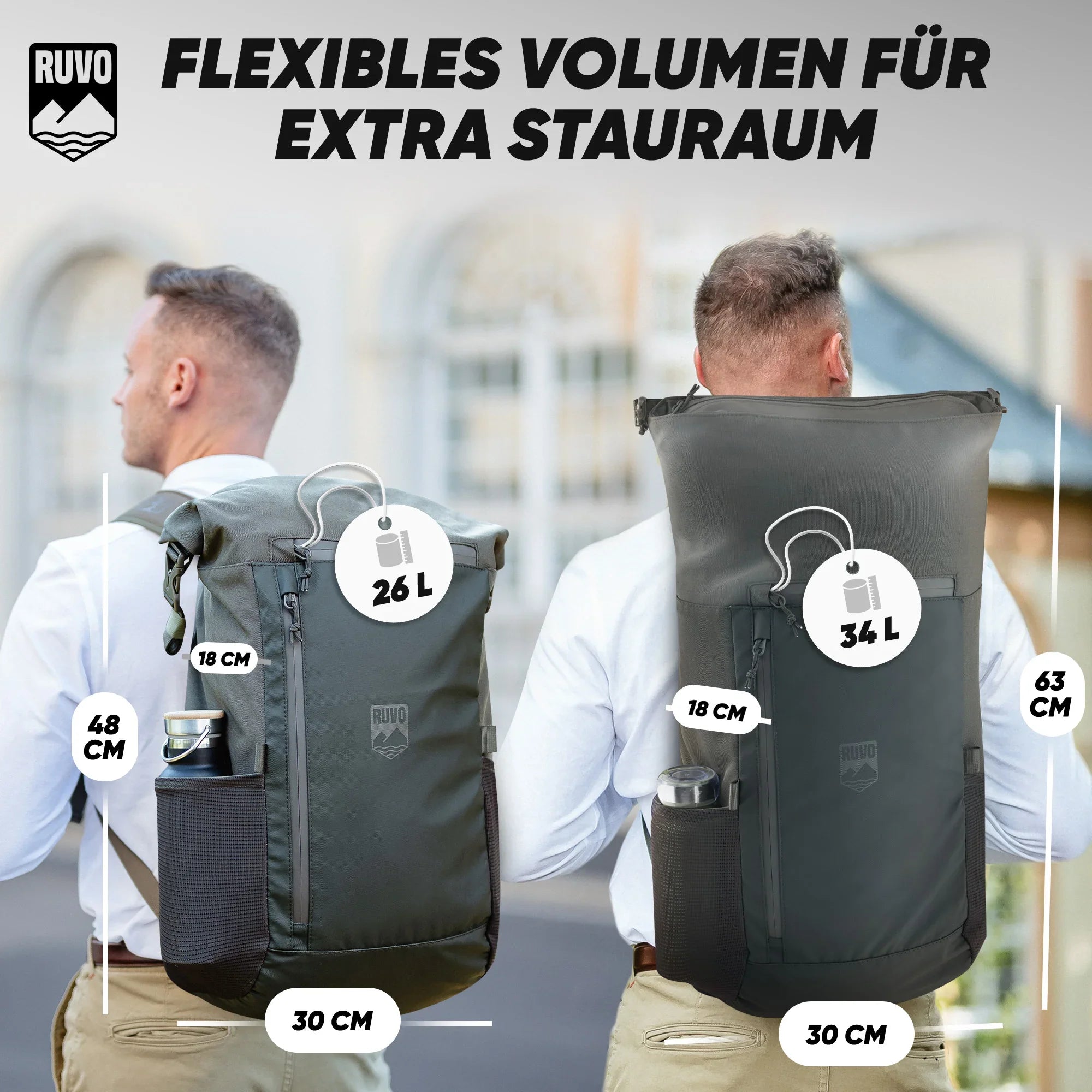 Wasserfester Rucksack mit flexiblem Volumen, Laptopfach, 26–34L, Outdoor und Arbeit geeignet