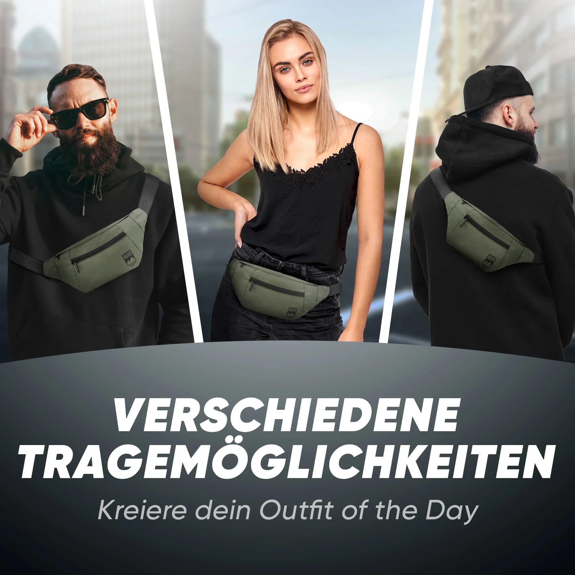 Drei Personen zeigen eine olivgrüne, wasserfeste Bauchtasche, quer und um die Hüfte getragen.