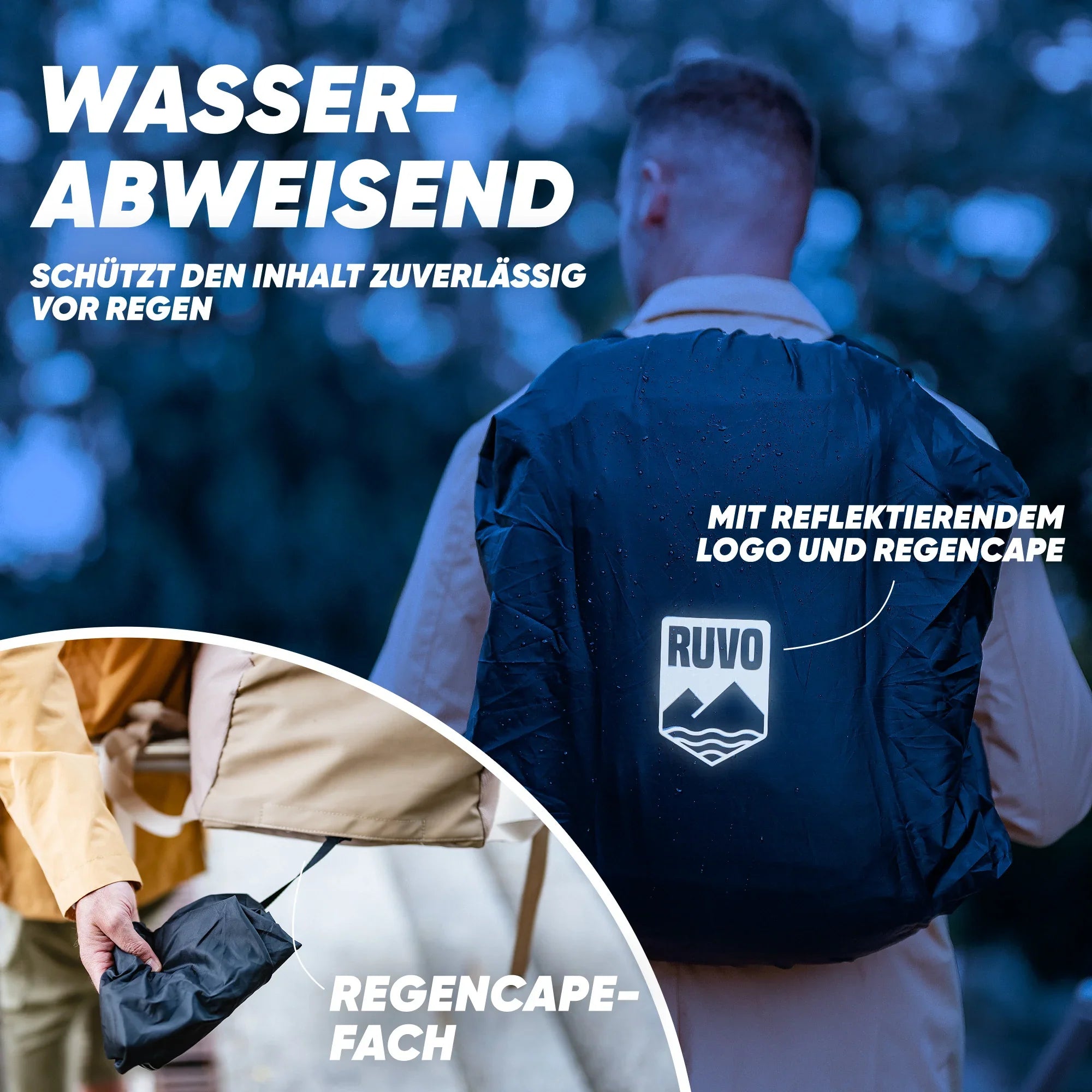 Wasserfester Rucksack mit reflektierendem Logo und integriertem Regencape-Fach draußen