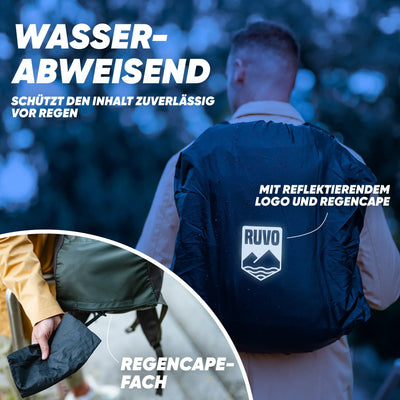 Wasserabweisender Rucksack mit reflektierendem Logo, Regencape und Regencape-Fach.