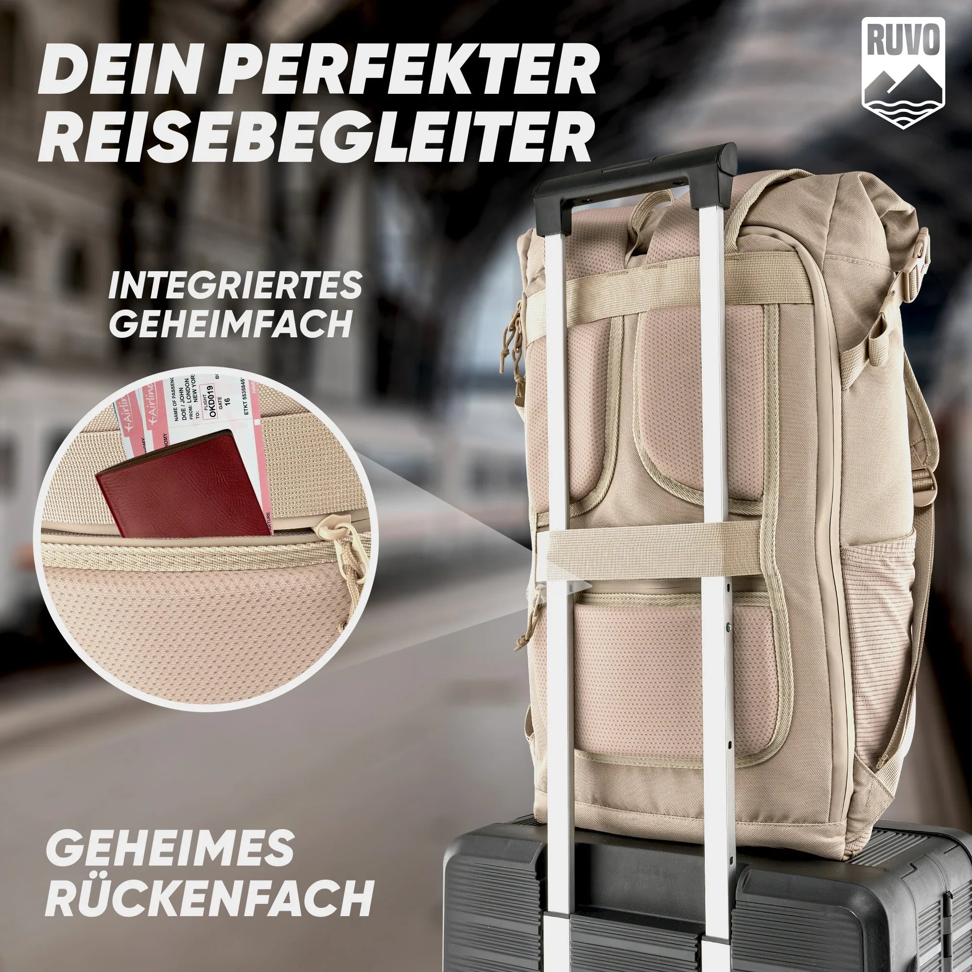 Beiger Reiserucksack mit geheimem Rückenfach auf Koffer, ideal für Reisen, integriertes Fach sichtbar