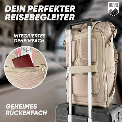 Beiger Reiserucksack mit geheimem Rückenfach auf Koffer, ideal für Reisen, integriertes Fach sichtbar