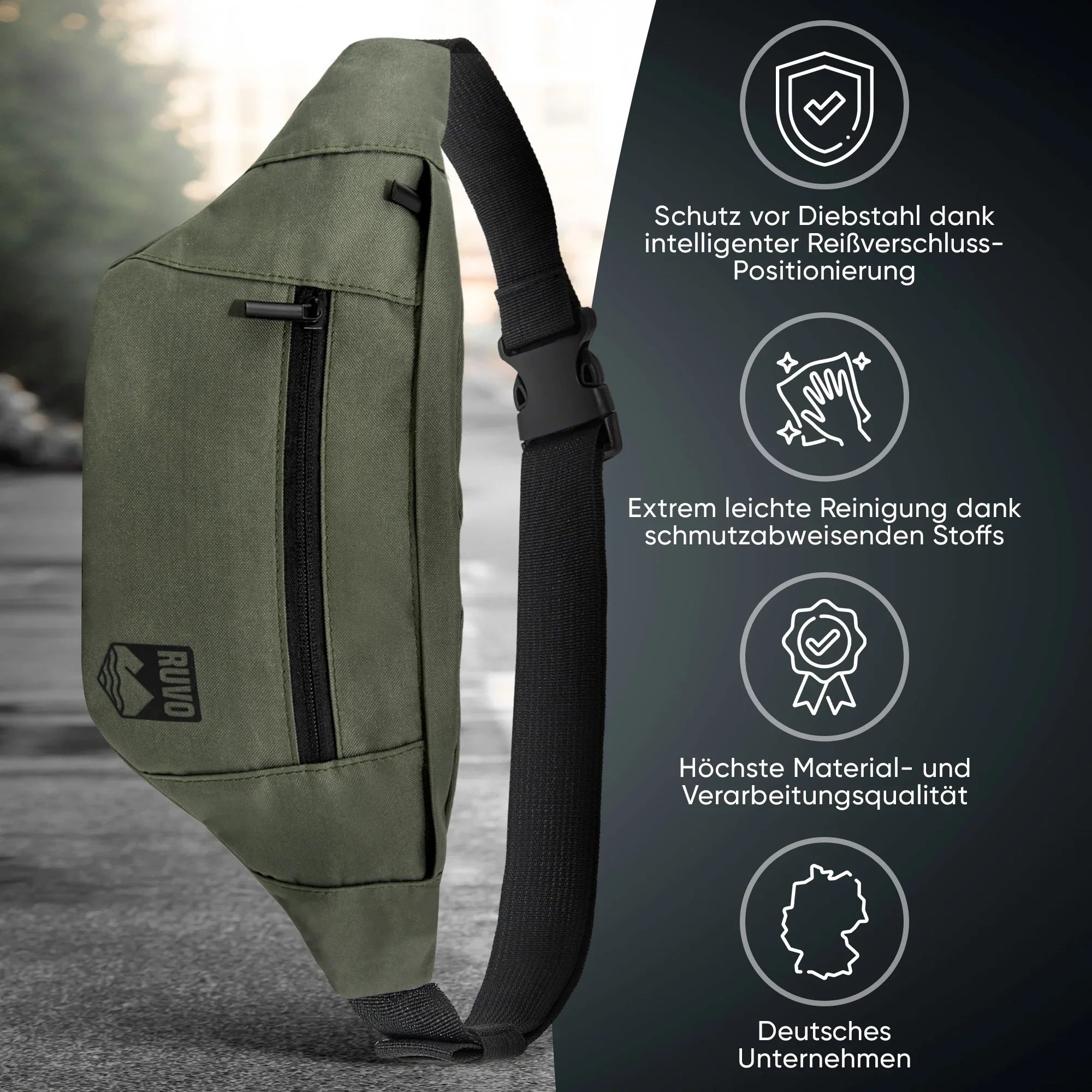 Grüne Bauchtasche mit Diebstahlschutz, wasserabweisend, robustes Material, Outdoor-Tasche