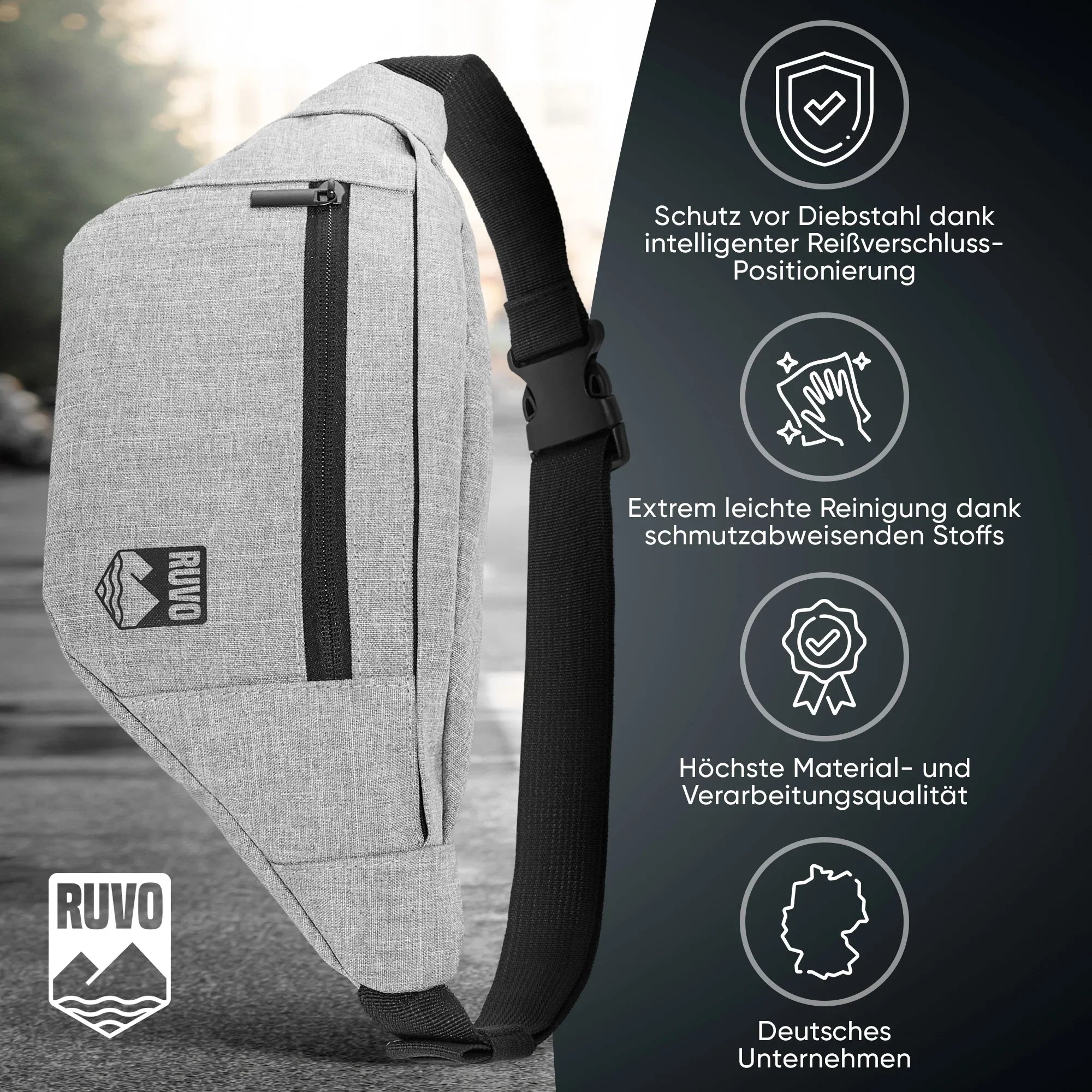 Graue Gürteltasche mit wasserfestem Stoff und Diebstahlschutz, verstellbarer Riemen, Outdoor geeignet