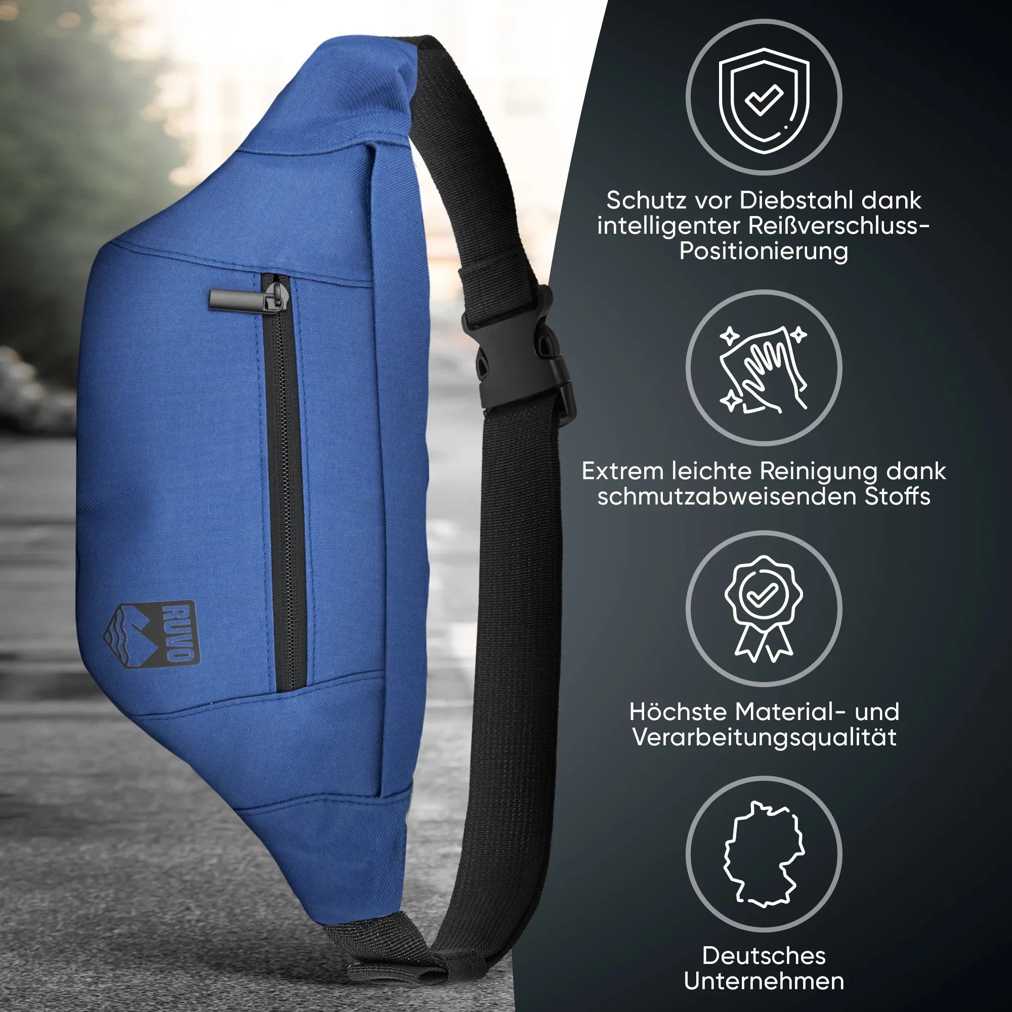 Blauer, wasserfester Sling Bag mit Reißverschluss, Diebstahlschutz und robustem Gurt, daneben Icons mit Produkthighlights.